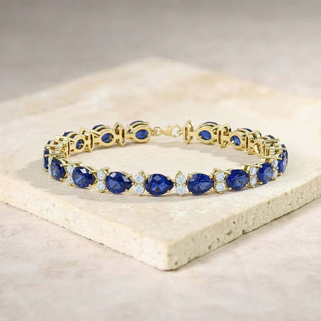 Blue Sapphire Pear & Round Bracelet 7x5 MM & 2.5 MM 18.9 Ct Premium Style - Image 3
