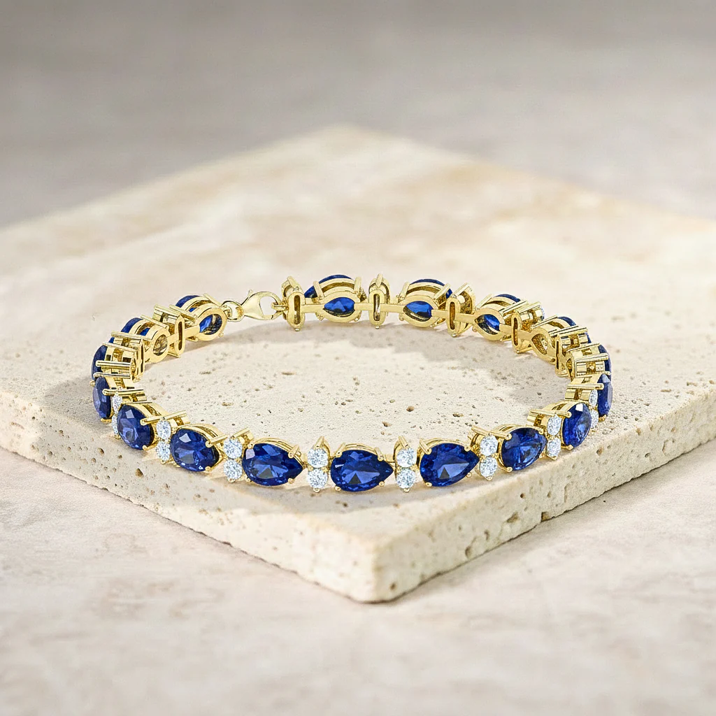 Blue Sapphire Pear & Round Bracelet 7x5 MM & 2.5 MM 18.9 Ct Premium Style - Image 4