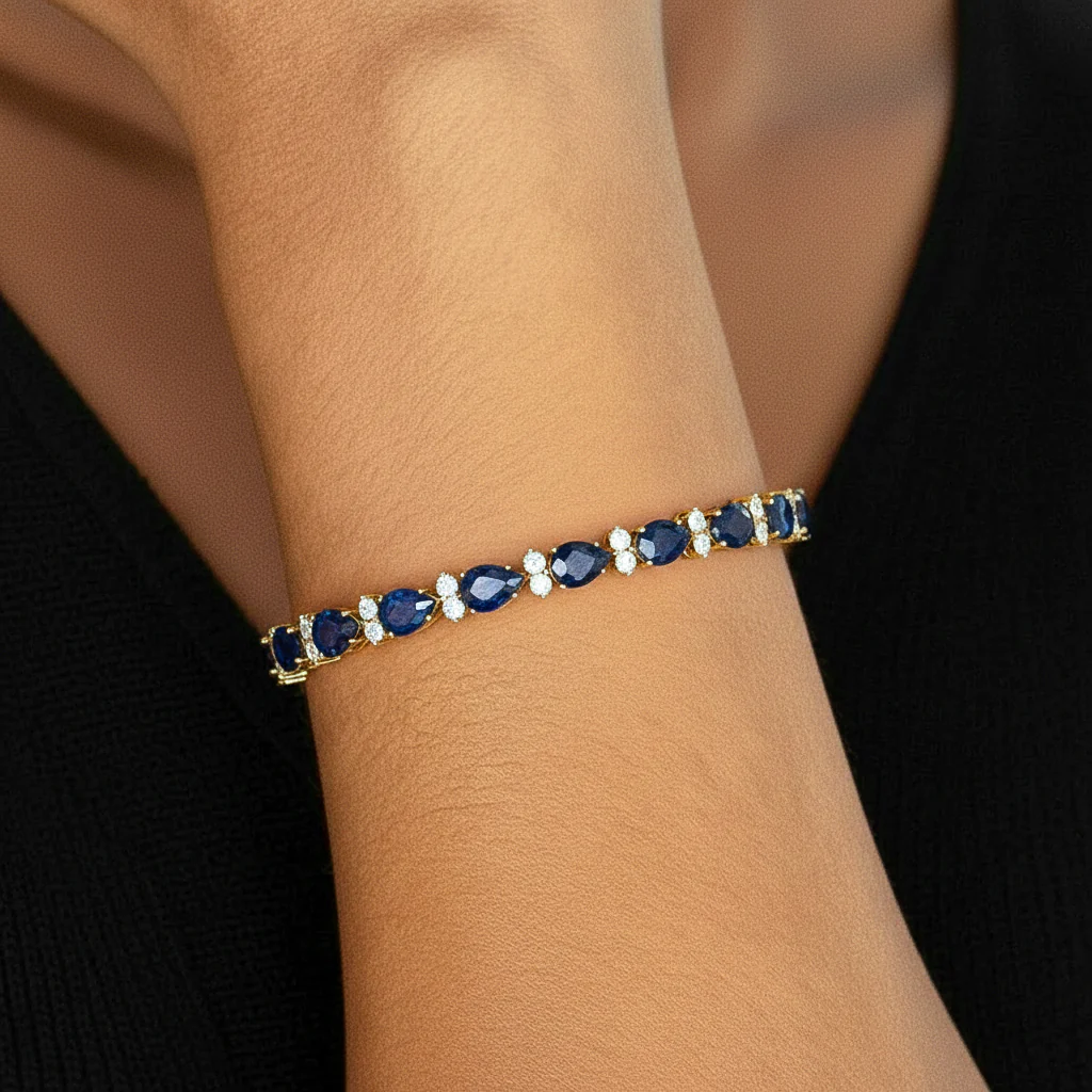Blue Sapphire Pear & Round Bracelet 7x5 MM & 2.5 MM 18.9 Ct Premium Style - Image 5