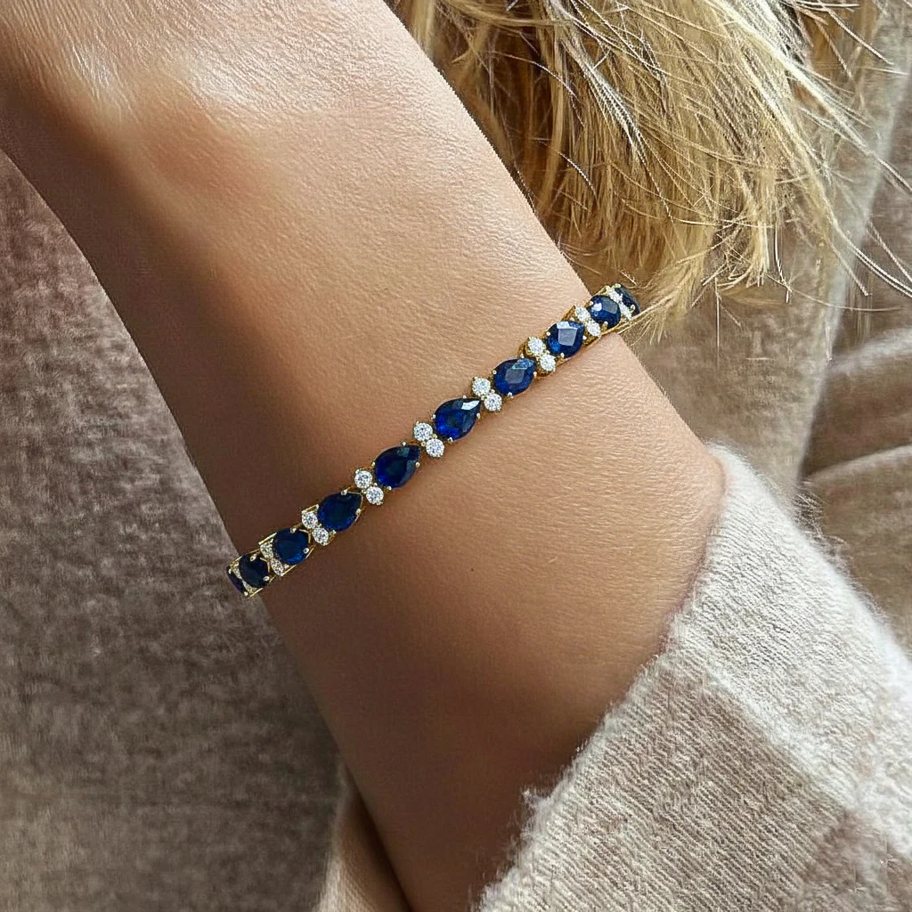 Blue Sapphire Pear & Round Bracelet 7x5 MM & 2.5 MM 18.9 Ct Premium Style - Image 6