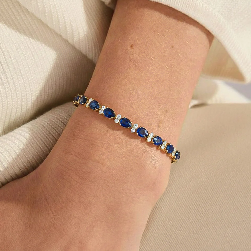 Blue Sapphire Pear & Round Bracelet 7x5 MM & 2.5 MM 18.9 Ct Premium Style - Image 7