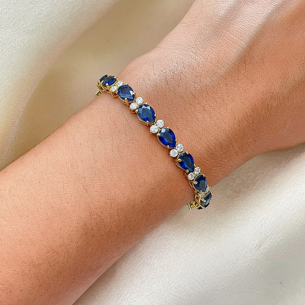 Blue Sapphire Pear & Round Bracelet 7x5 MM & 2.5 MM 18.9 Ct Premium Style - Image 8