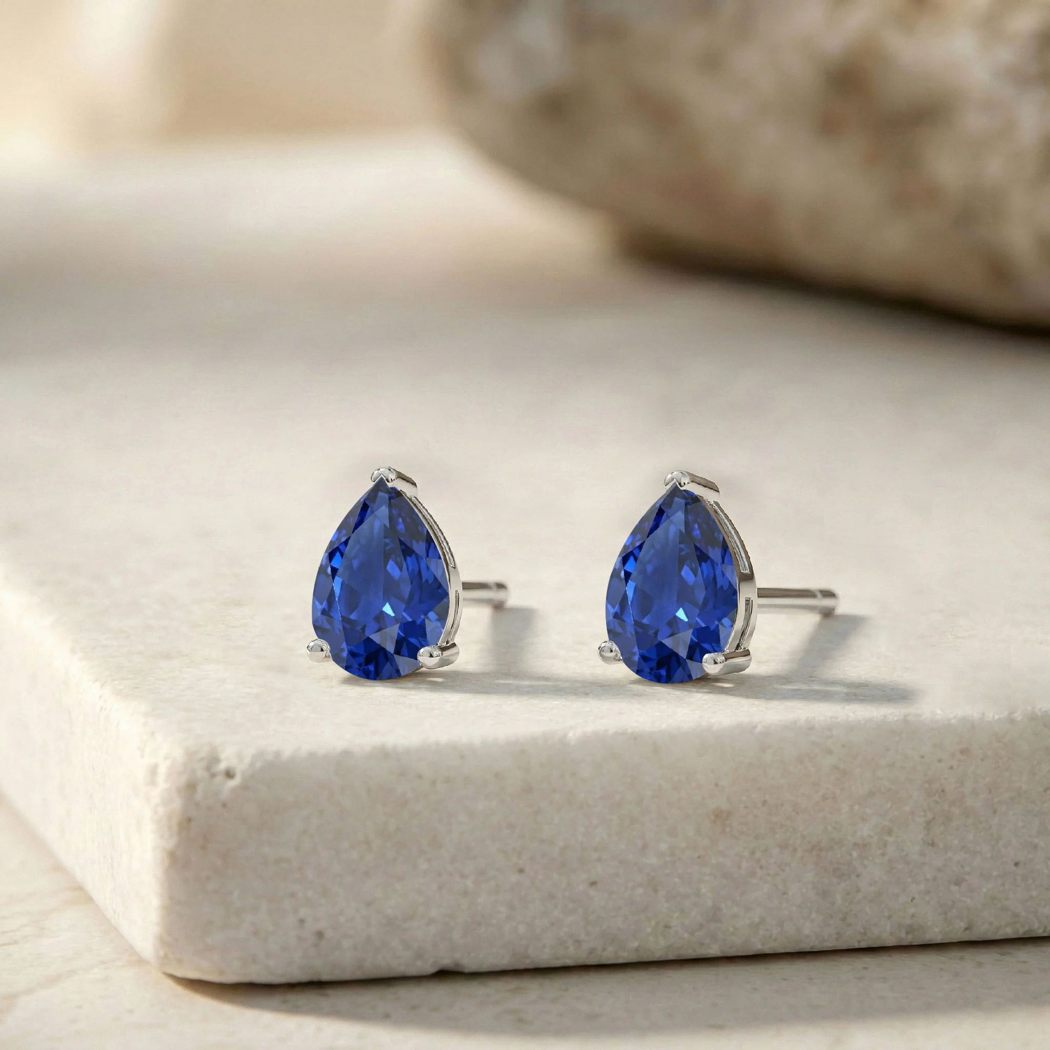 Blue Sapphire Pear Solitaire Stud Earring in 925 Sterling Silver 10X8 MM 5.35ct - Image 3
