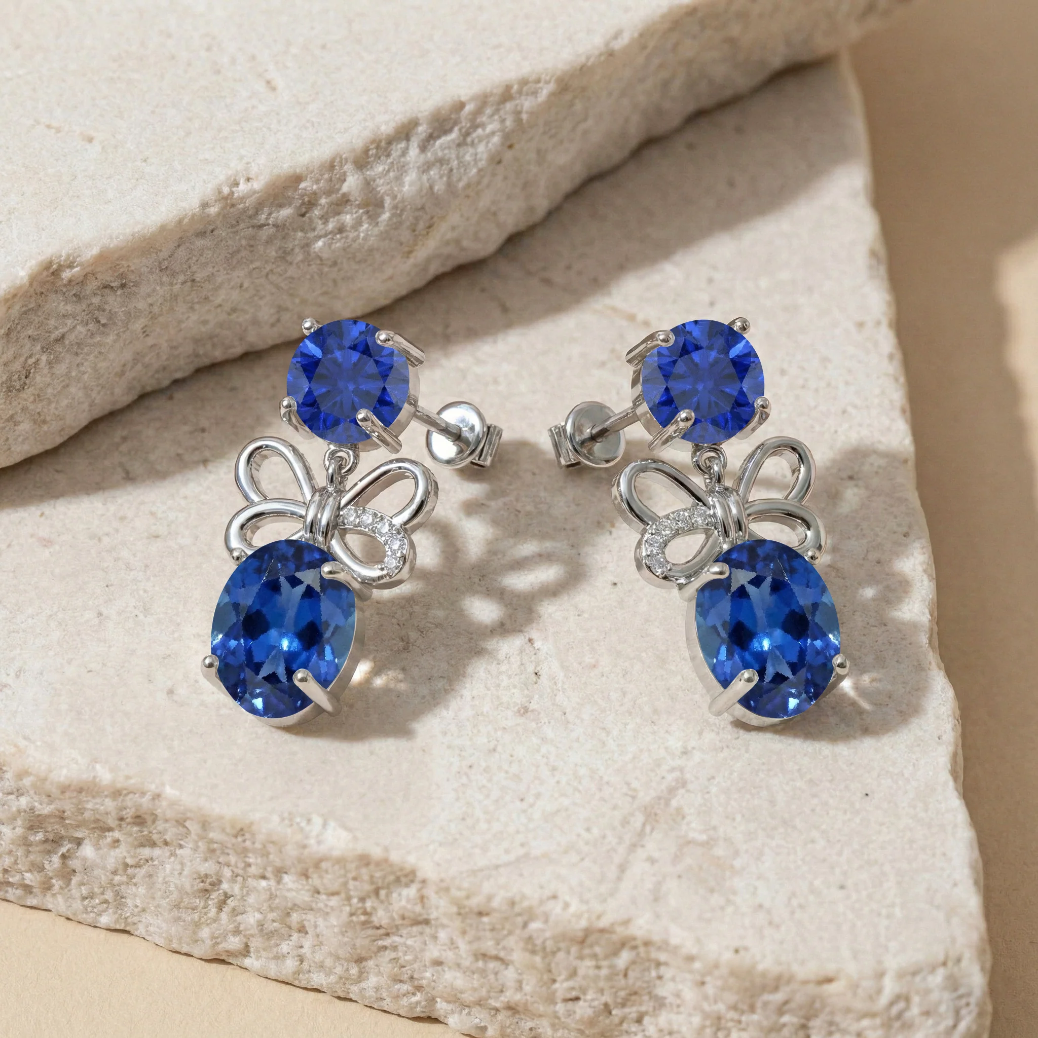 Blue Sapphire Round and Oval Stud Earring in 925 Sterling Silver 6 MM 5-ct. - Image 3