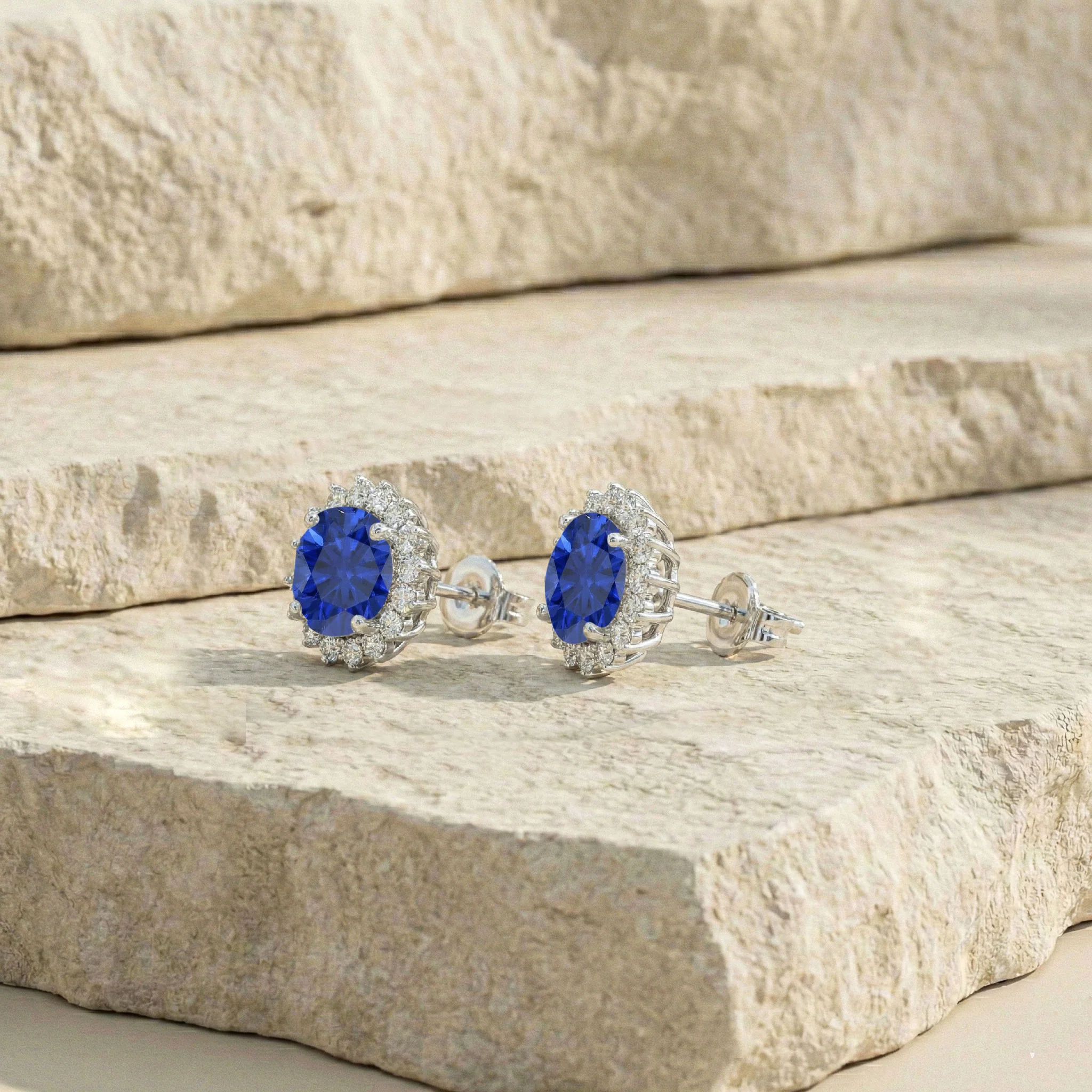 Blue Sapphire Round Halo Stud Earrings in 925 Sterling Silver 5 MM 1.3ct - Image 7