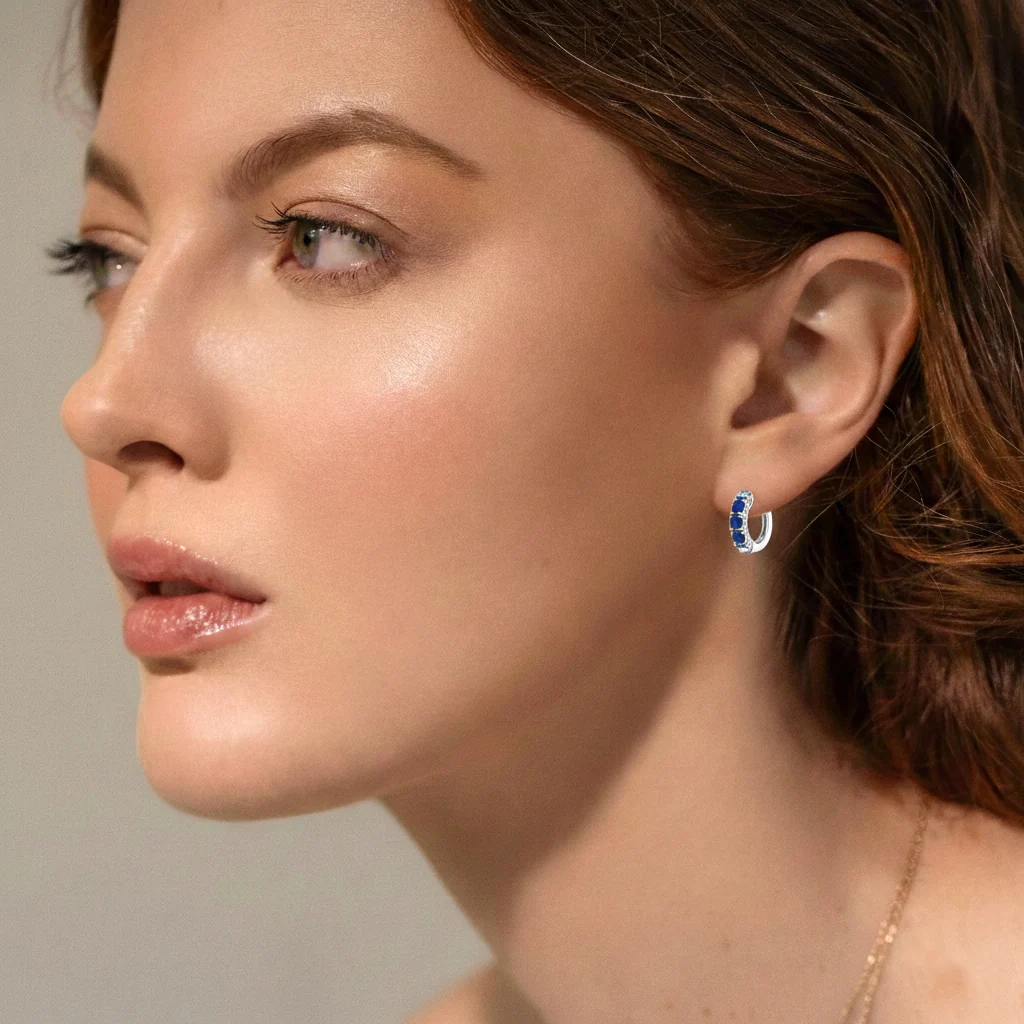 Blue Sapphire Round Hoop Earrings in 925 Sterling Silver 3MM 3ct - Image 5