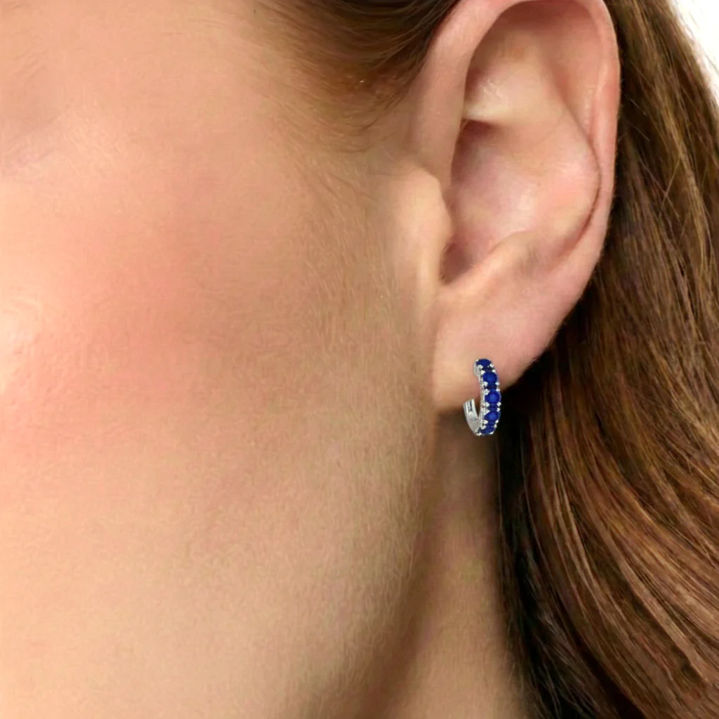 Blue Sapphire Round Hoop Earrings in 925 Sterling Silver 3MM 3ct - Image 7