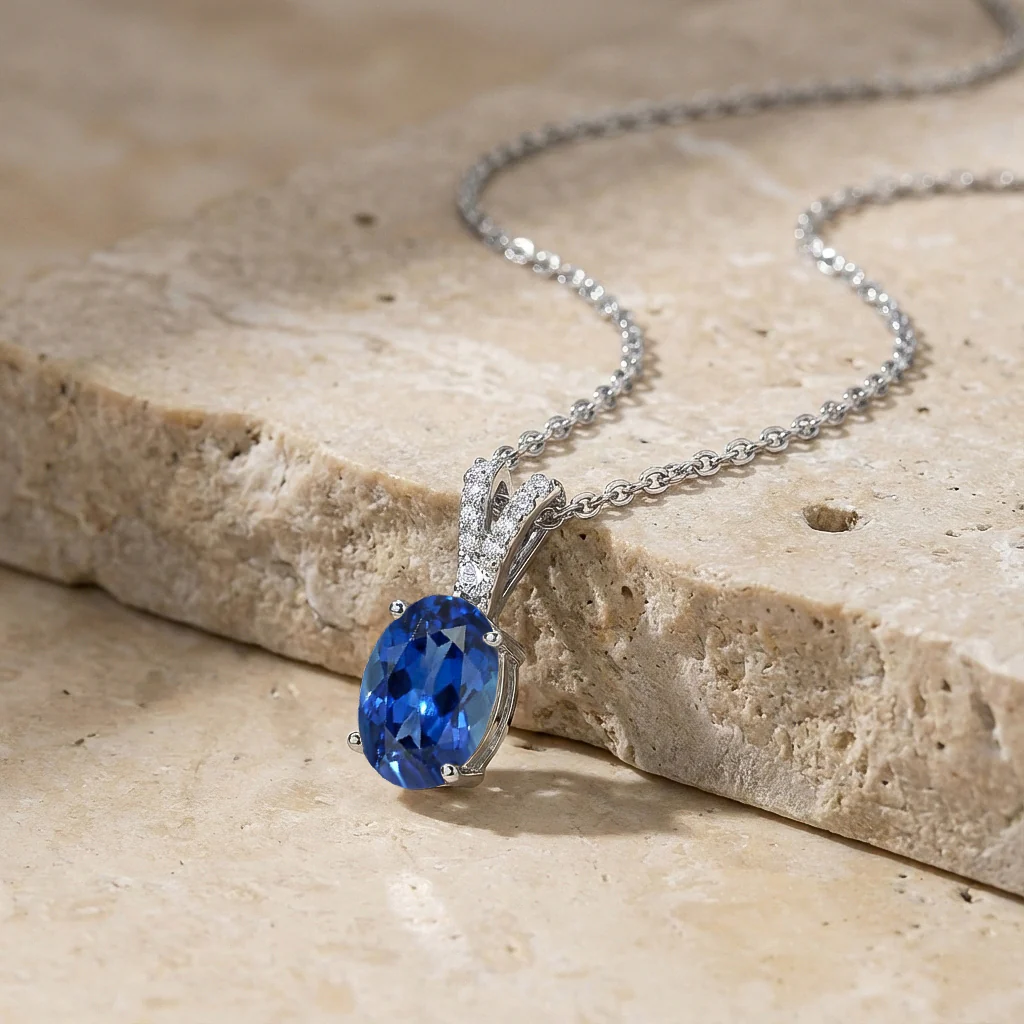 Blue Sapphire Solitaire Pendant Necklace in 925 Sterling Silver 1.2ct - Image 3