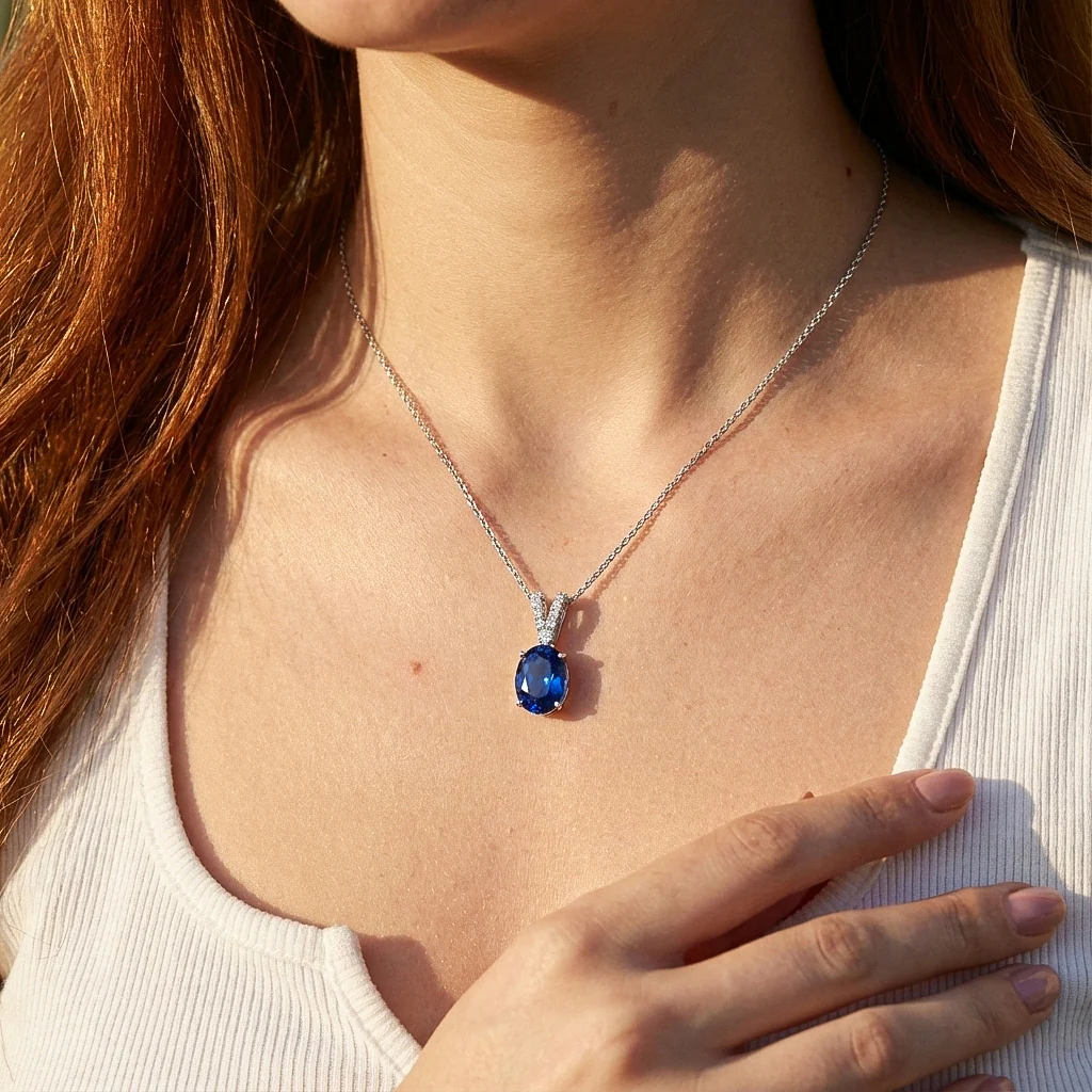 Blue Sapphire Solitaire Pendant Necklace in 925 Sterling Silver 1.2ct - Image 7
