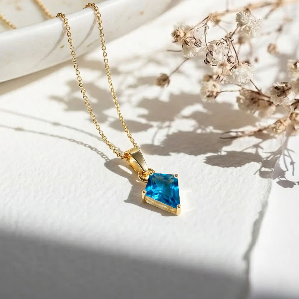 Blue Topaz Kite Solitaire Pendant Necklace in 925 Sterling Silver 1.4ct - Image 11