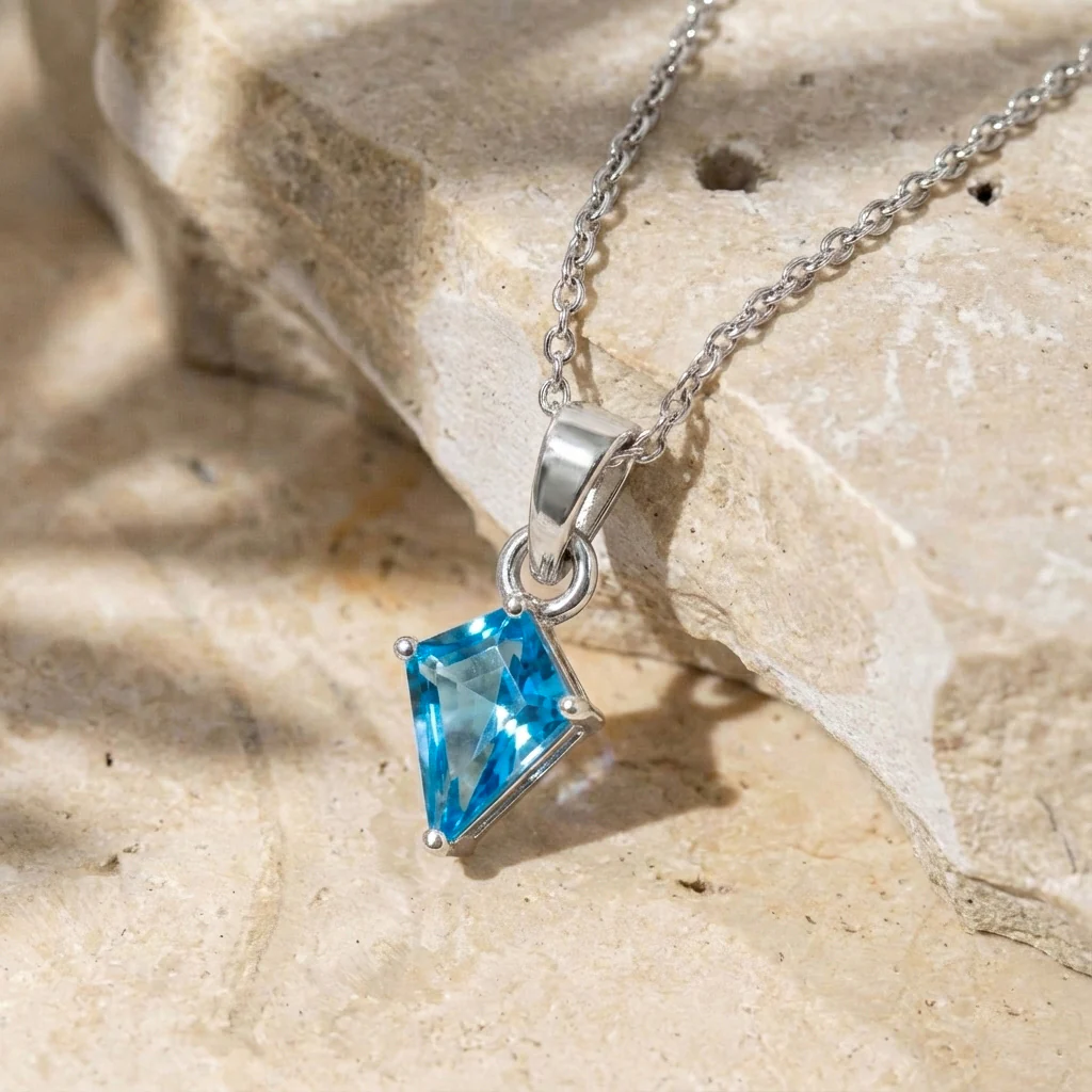 Blue Topaz Kite Solitaire Pendant Necklace in 925 Sterling Silver 1.4ct - Image 4