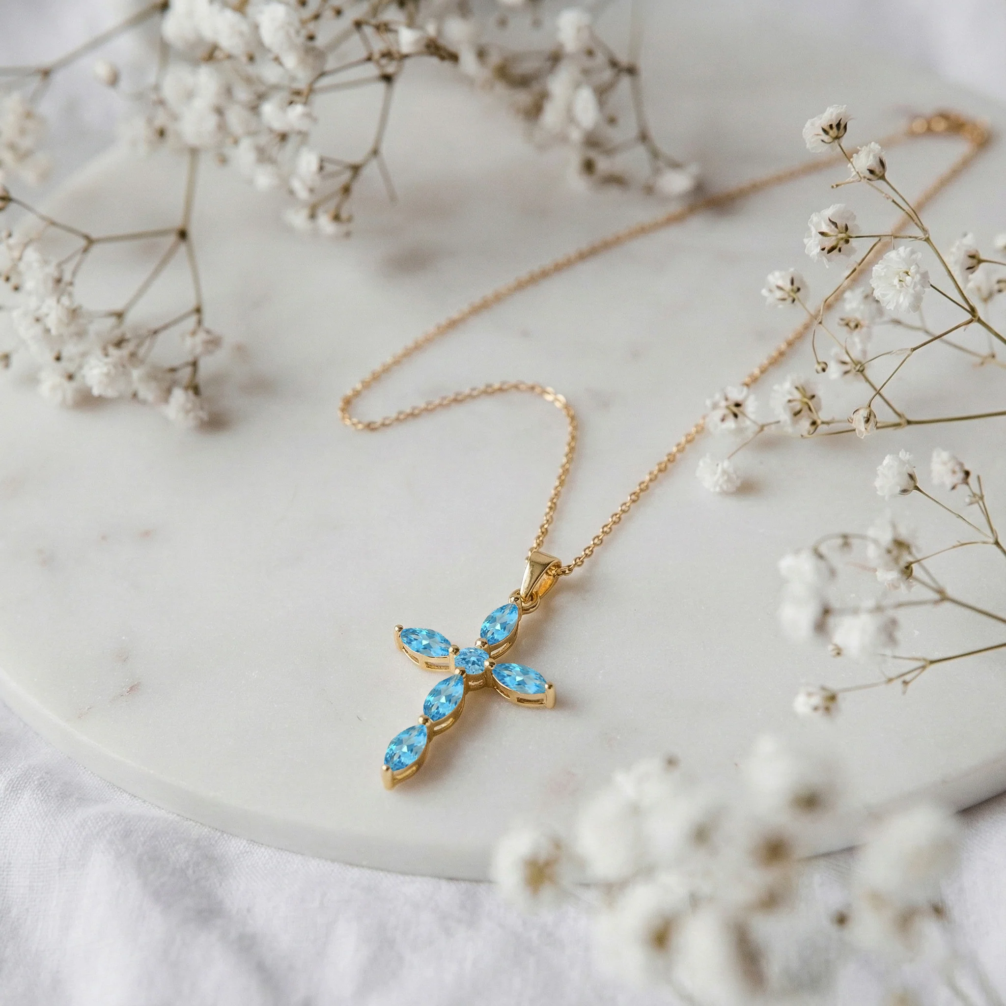 Blue Topaz Marquise Cross Pendant Necklace in 925 Sterling Silver 2ct - Image 10