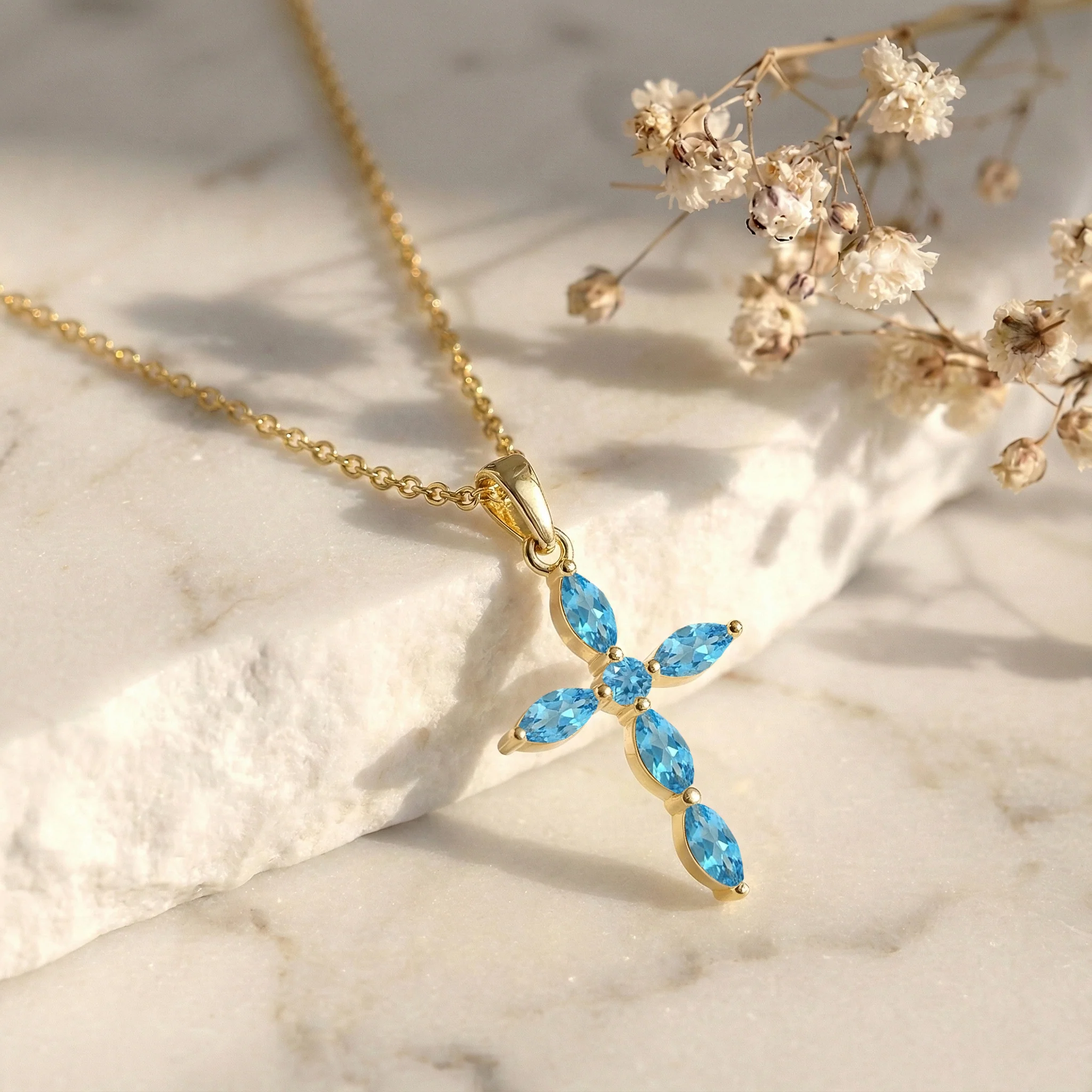 Blue Topaz Marquise Cross Pendant Necklace in 925 Sterling Silver 2ct - Image 11