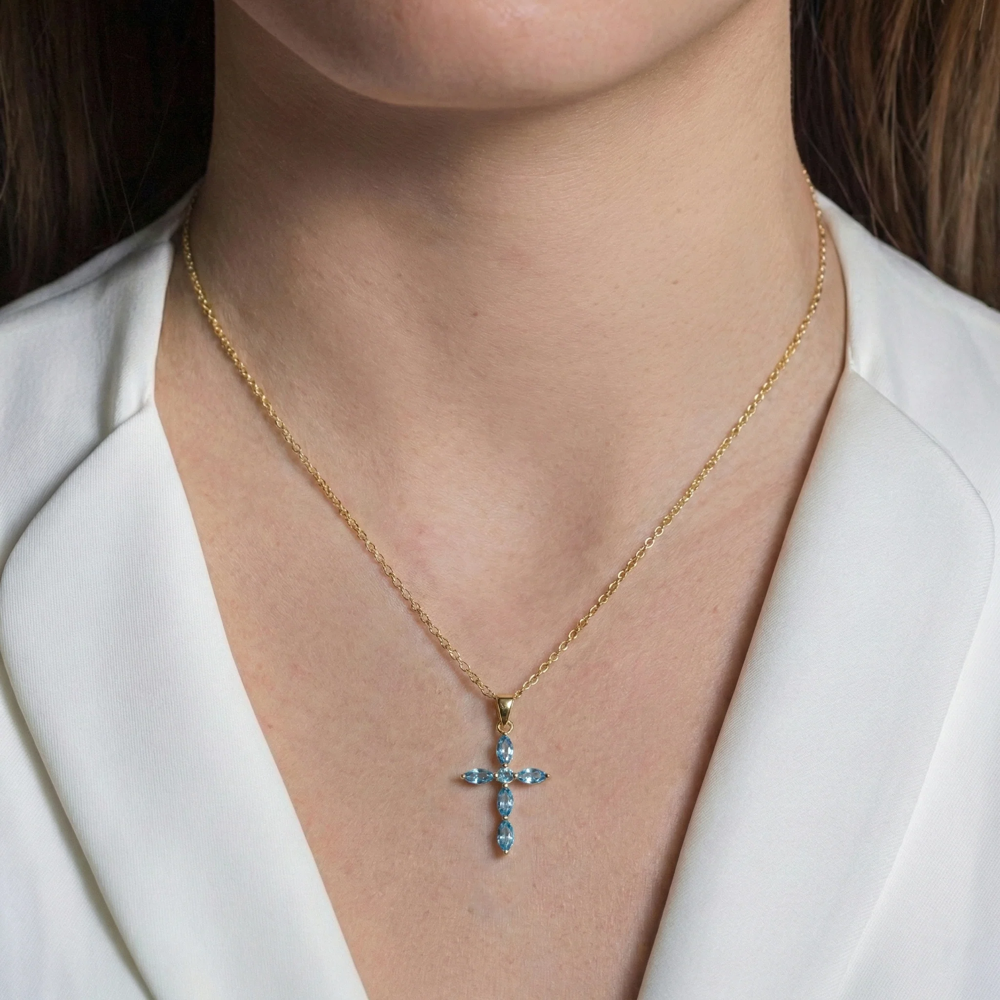 Blue Topaz Marquise Cross Pendant Necklace in 925 Sterling Silver 2ct - Image 12