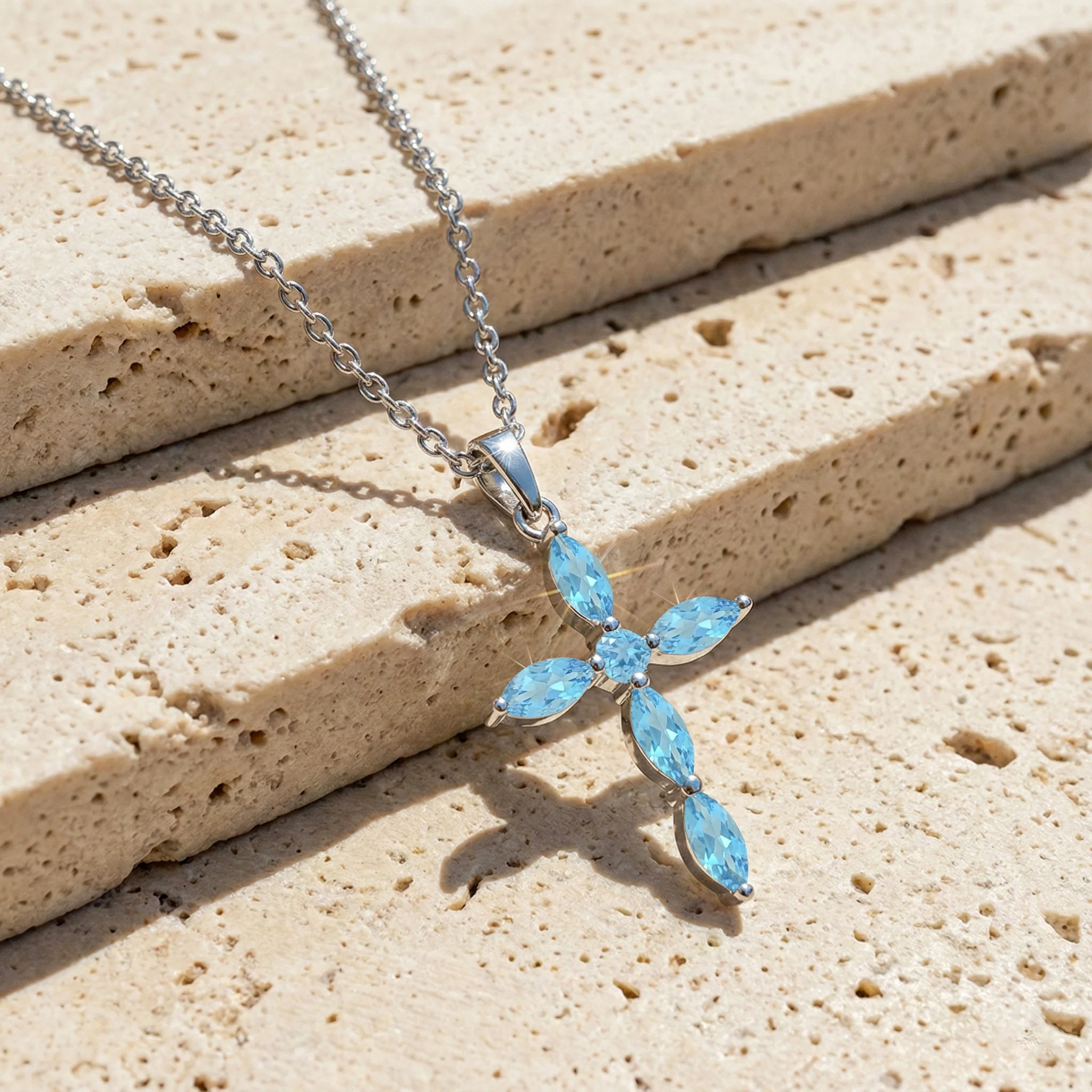 Blue Topaz Marquise Cross Pendant Necklace in 925 Sterling Silver 2ct - Image 3