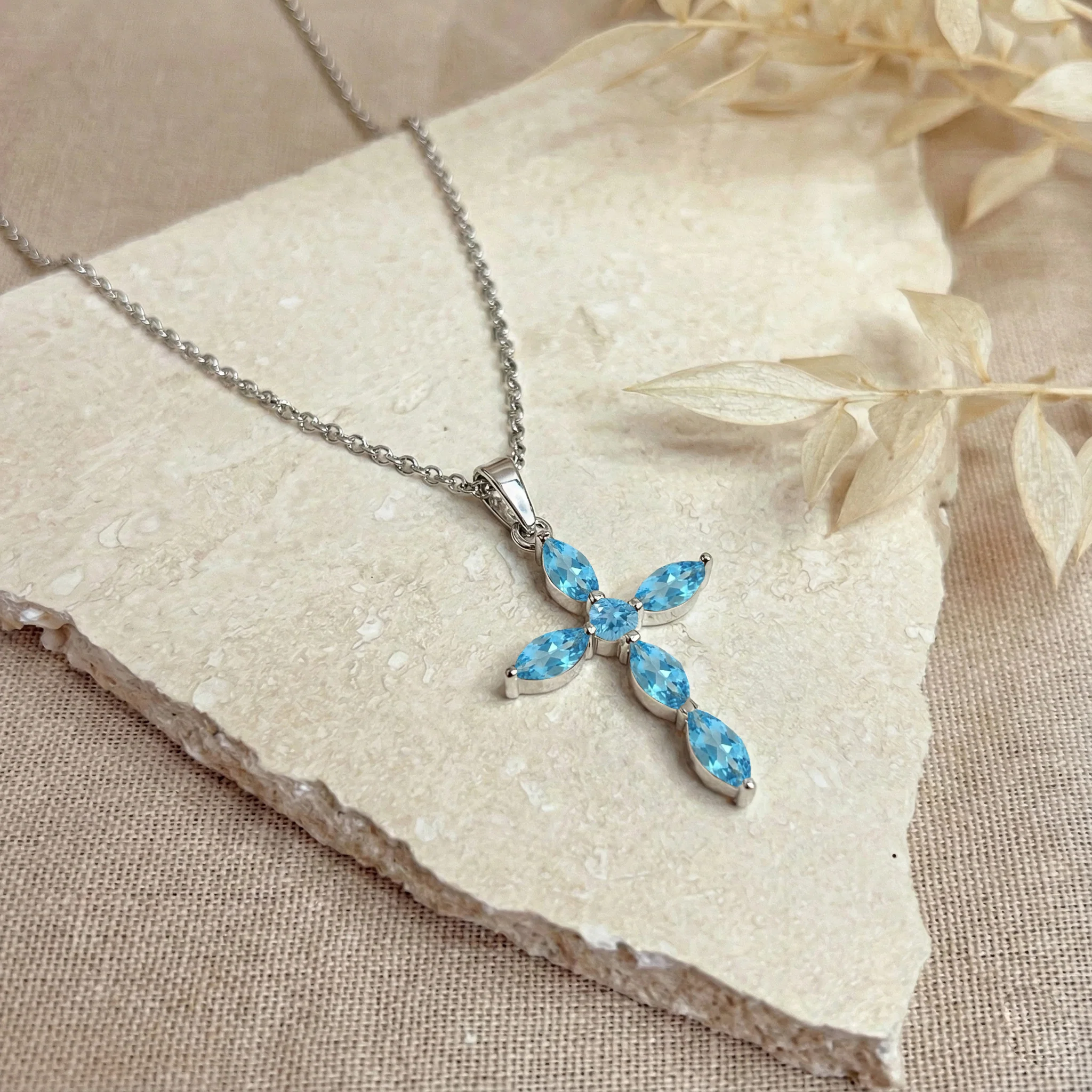 Blue Topaz Marquise Cross Pendant Necklace in 925 Sterling Silver 2ct - Image 4