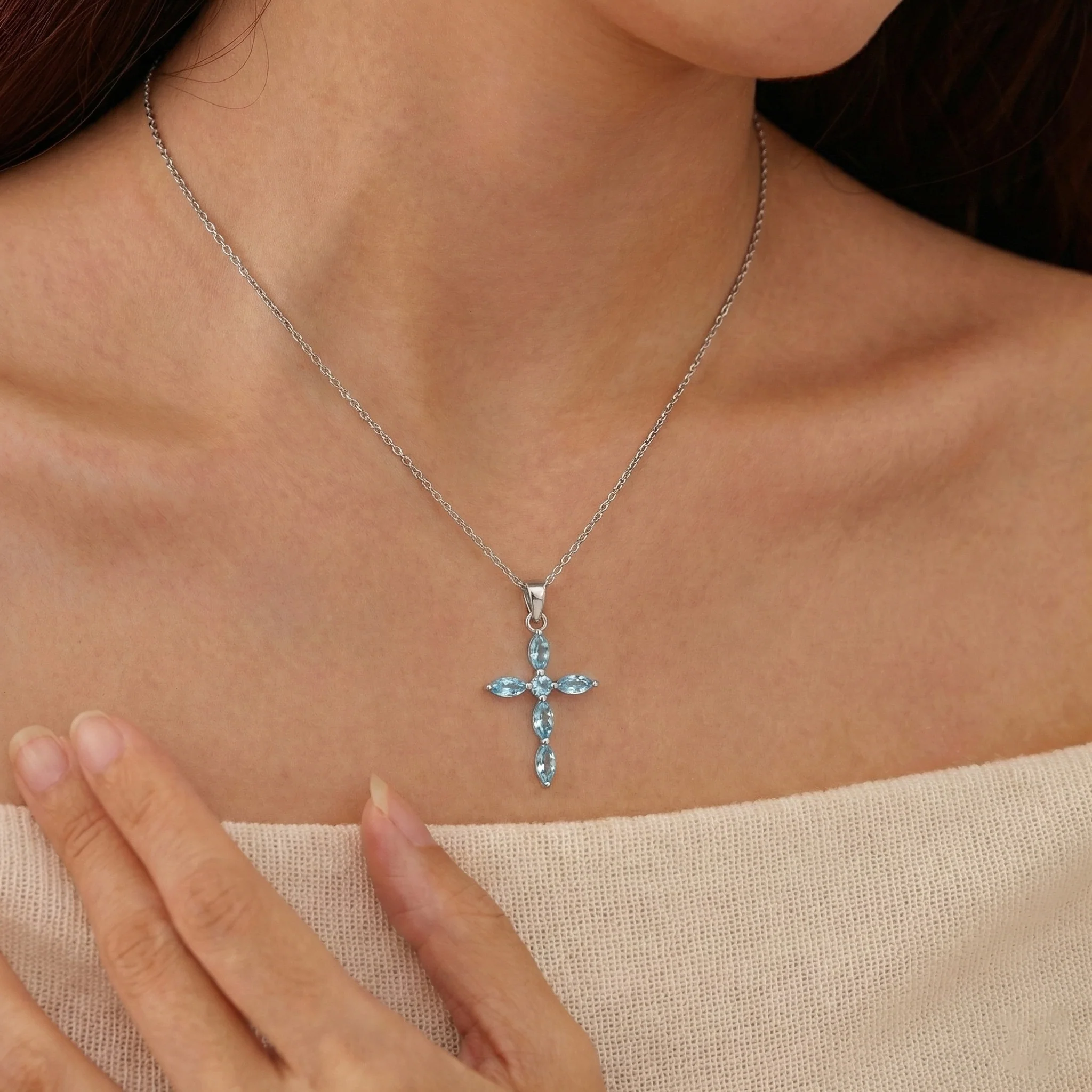 Blue Topaz Marquise Cross Pendant Necklace in 925 Sterling Silver 2ct - Image 5