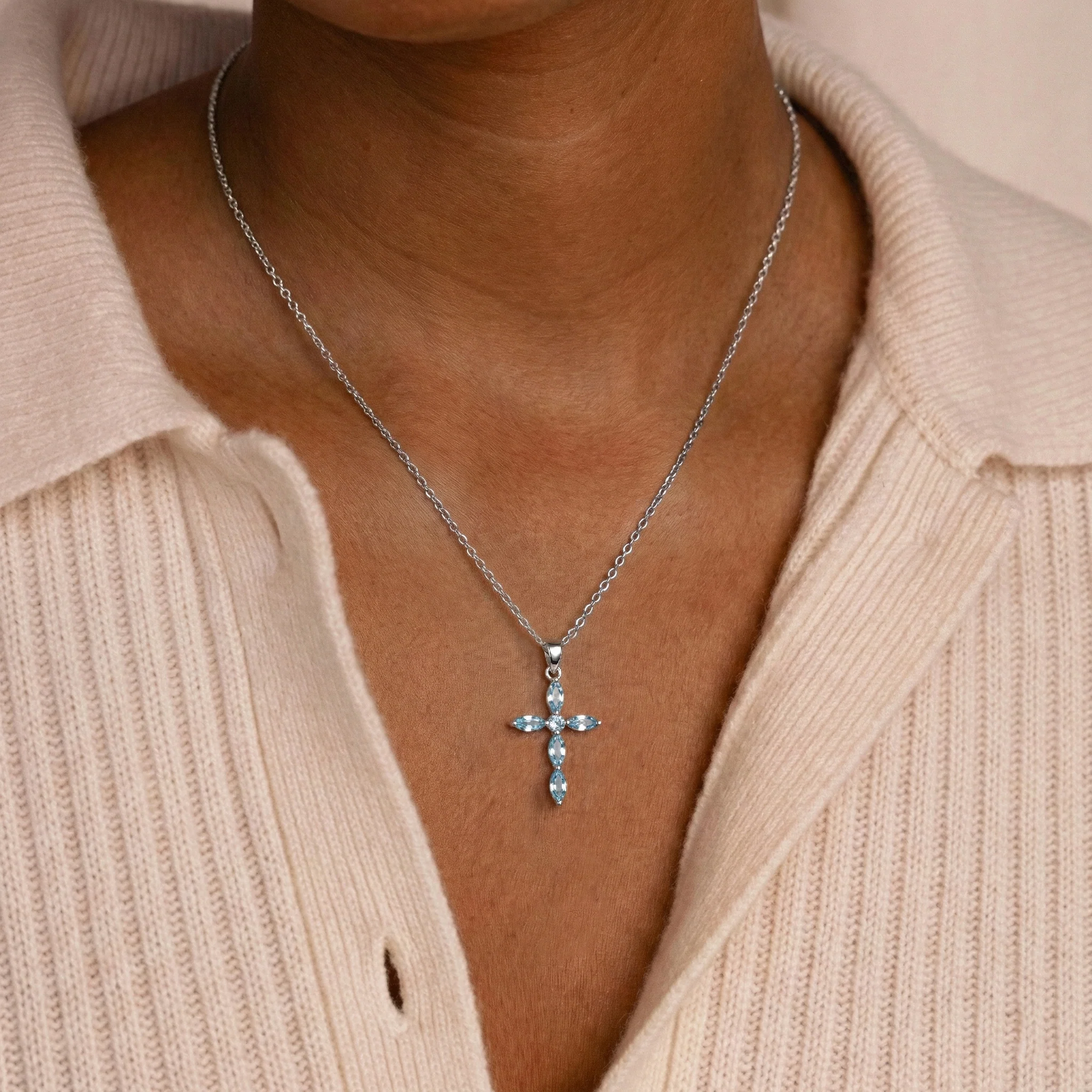 Blue Topaz Marquise Cross Pendant Necklace in 925 Sterling Silver 2ct - Image 6