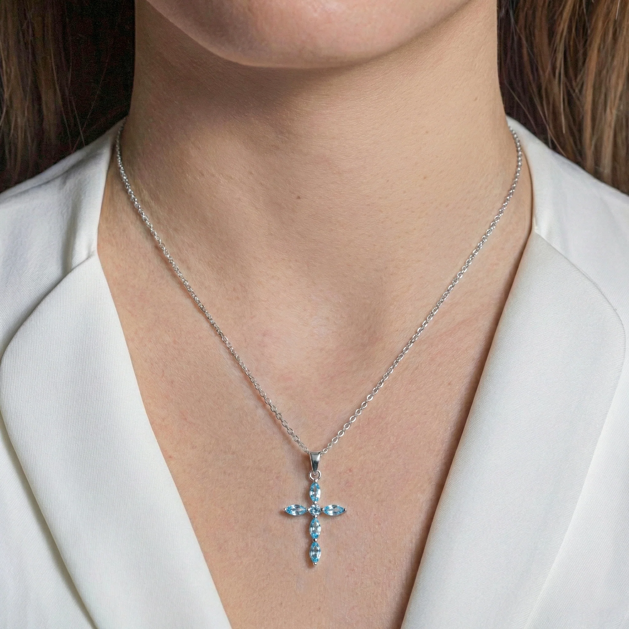 Blue Topaz Marquise Cross Pendant Necklace in 925 Sterling Silver 2ct - Image 7
