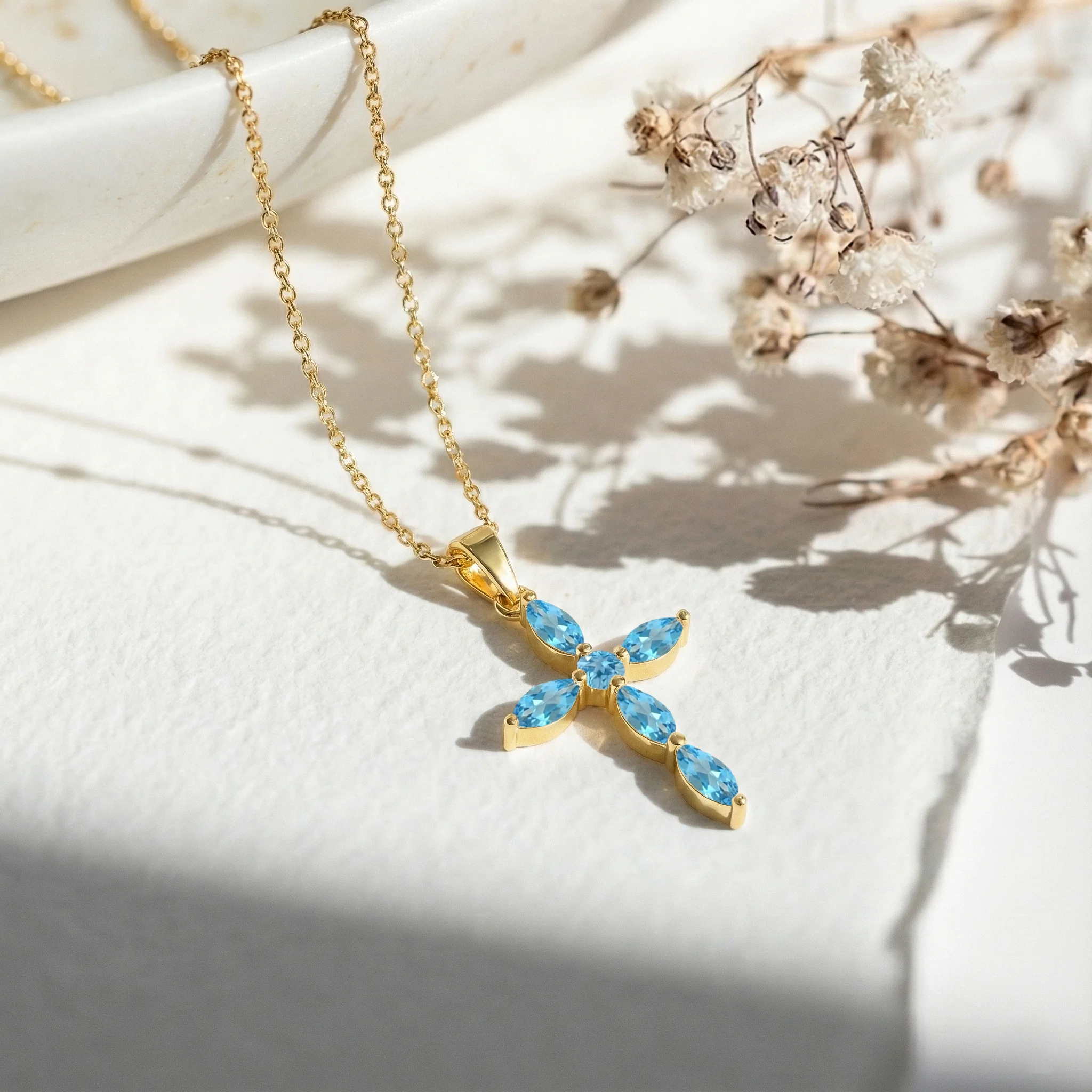 Blue Topaz Marquise Cross Pendant Necklace in 925 Sterling Silver 2ct - Image 9