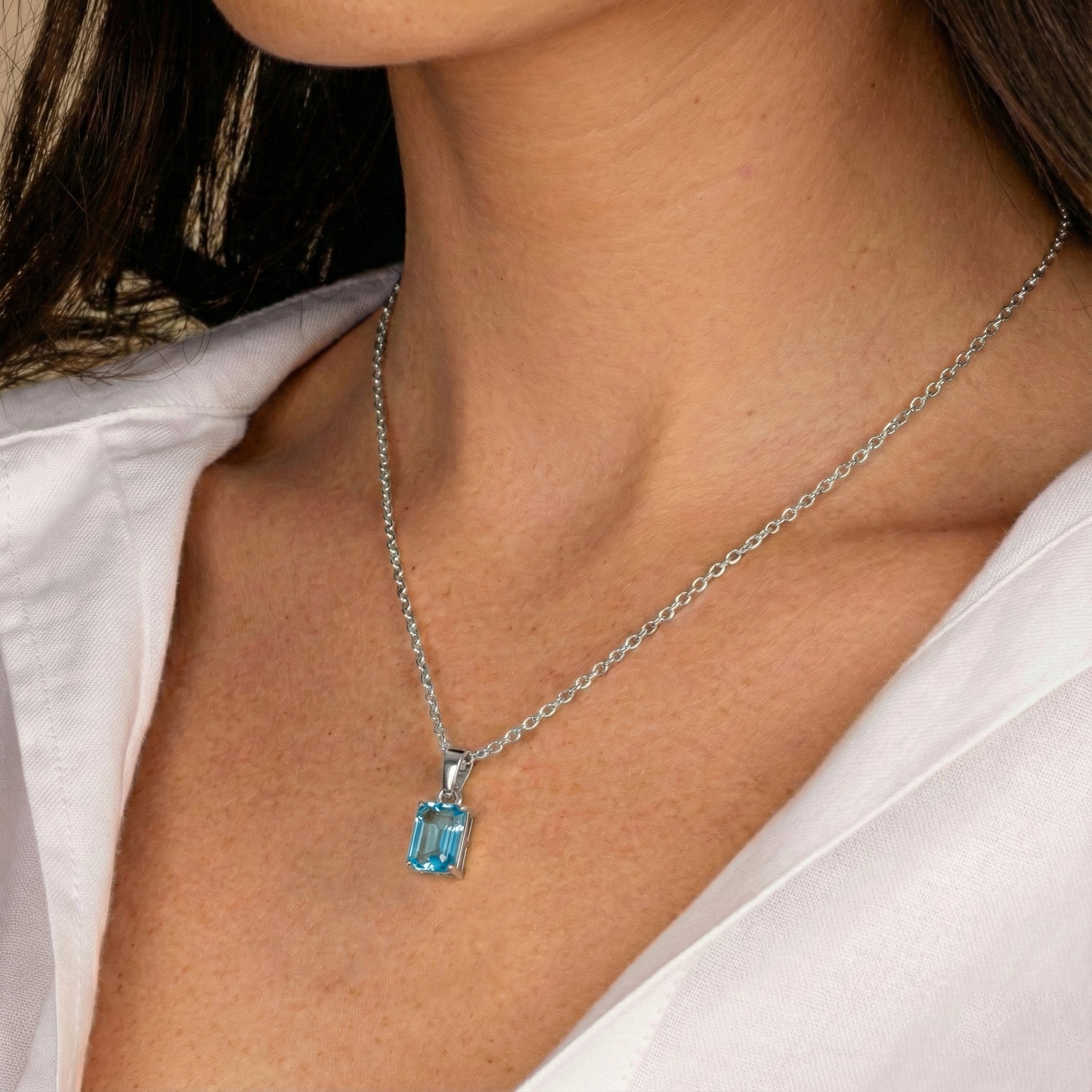 Blue Topaz Octagon Solitaire Pendant Necklace in 925 Sterling Silver 9x7 MM 1.4ct - Image 5
