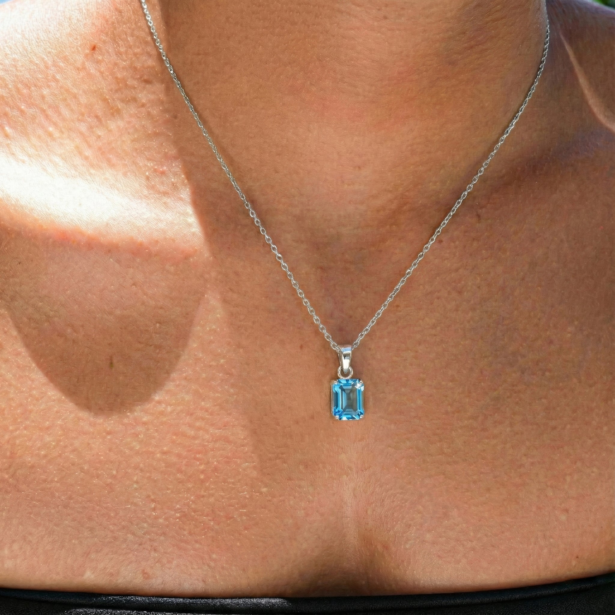 Blue Topaz Octagon Solitaire Pendant Necklace in 925 Sterling Silver 9x7 MM 1.4ct - Image 6