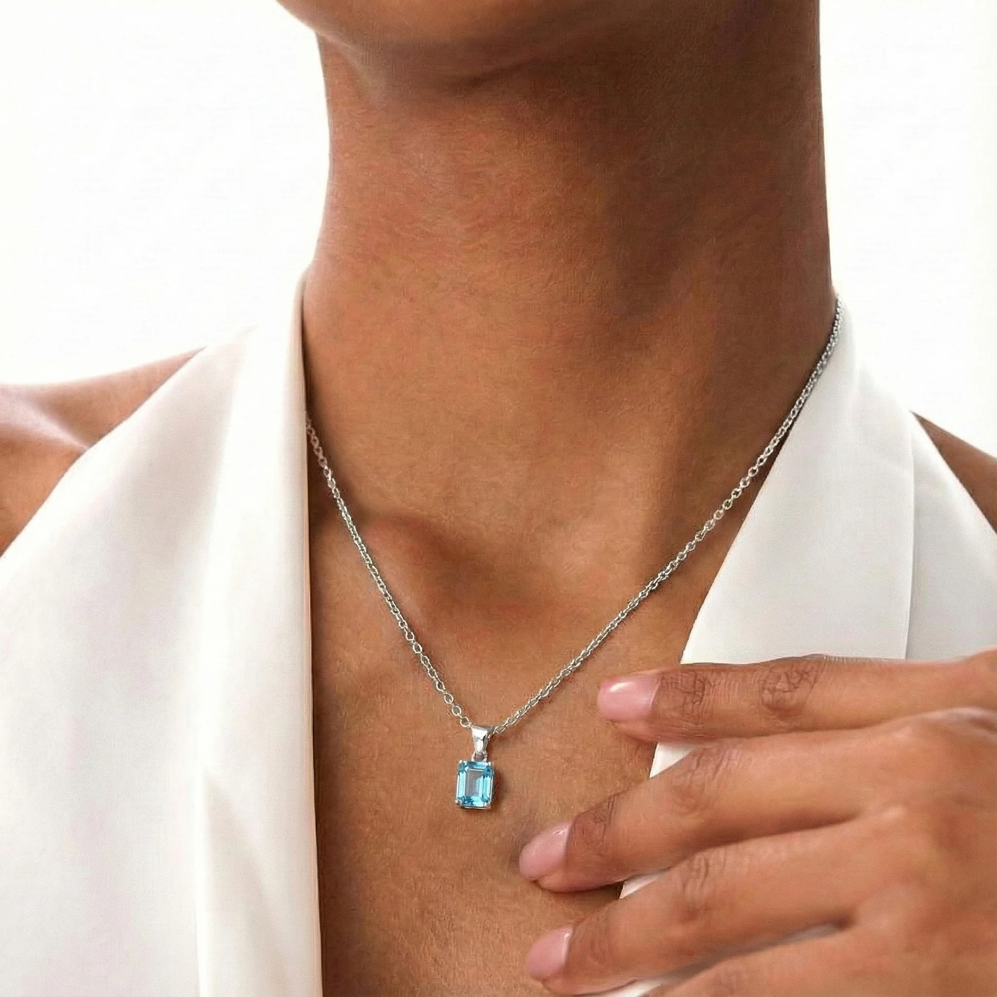 Blue Topaz Octagon Solitaire Pendant Necklace in 925 Sterling Silver 9x7 MM 1.4ct - Image 7