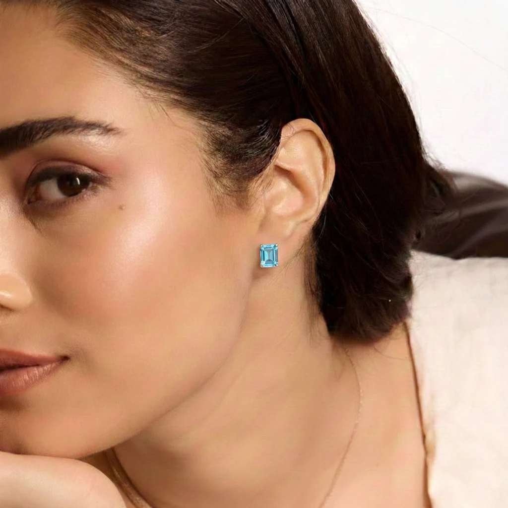 Best Blue Topaz Octagon Stud Earrings in 925 Sterling Silver 5.35ct - Image 3