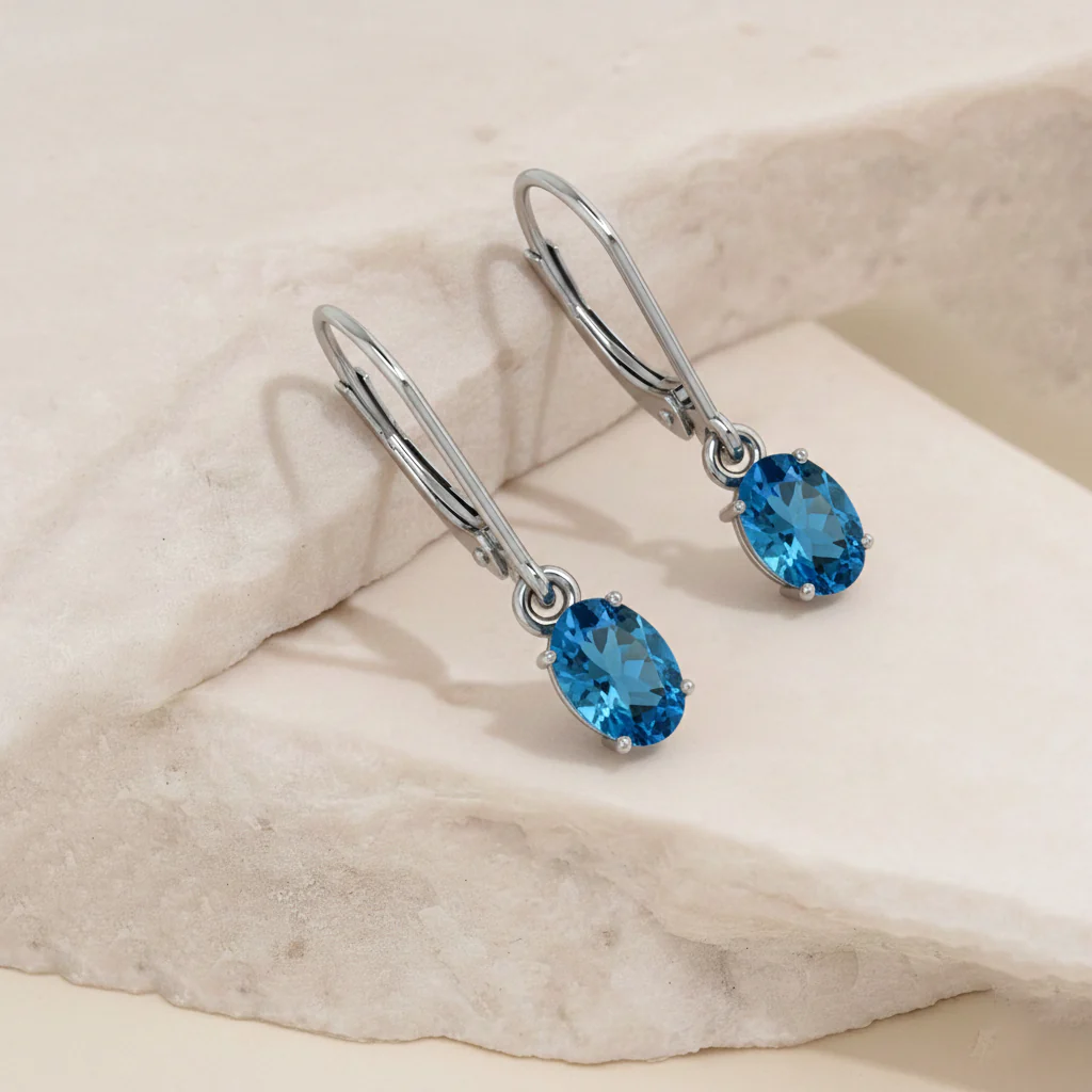 Blue Topaz Oval Dangle Earring in 925 Sterling Silver 8X6 MM 2.4ct - Image 3