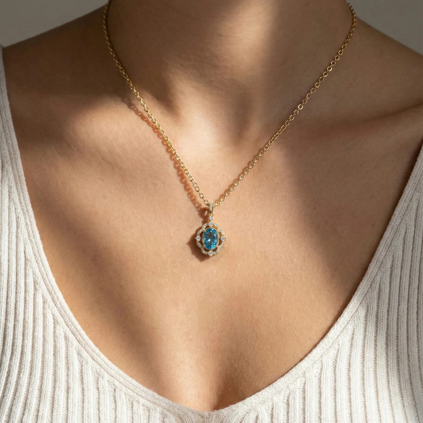 Blue Topaz Oval Halo Pendant Necklace in 925 Sterling Silver 1.2ct - Image 10