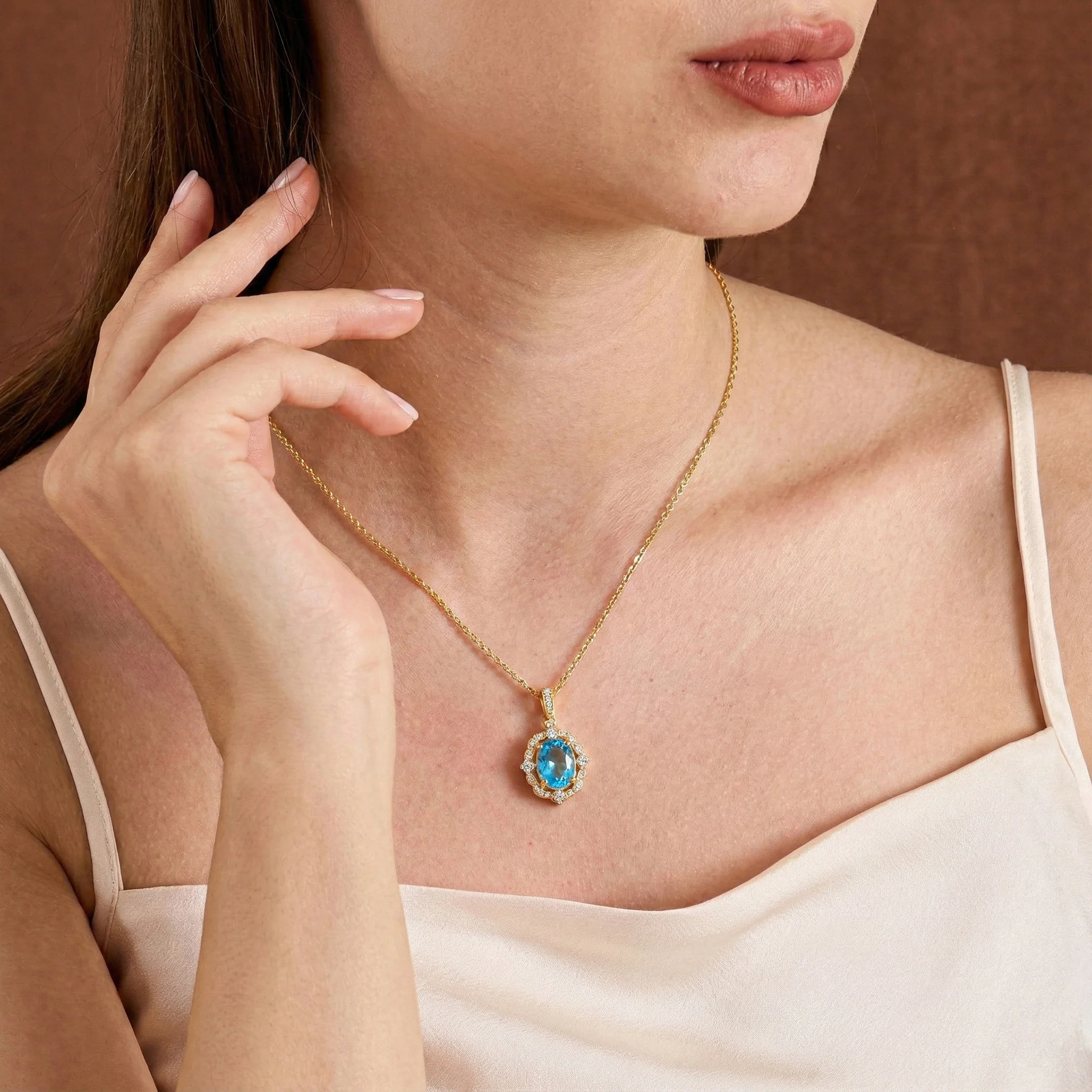 Blue Topaz Oval Halo Pendant Necklace in 925 Sterling Silver 1.2ct - Image 11