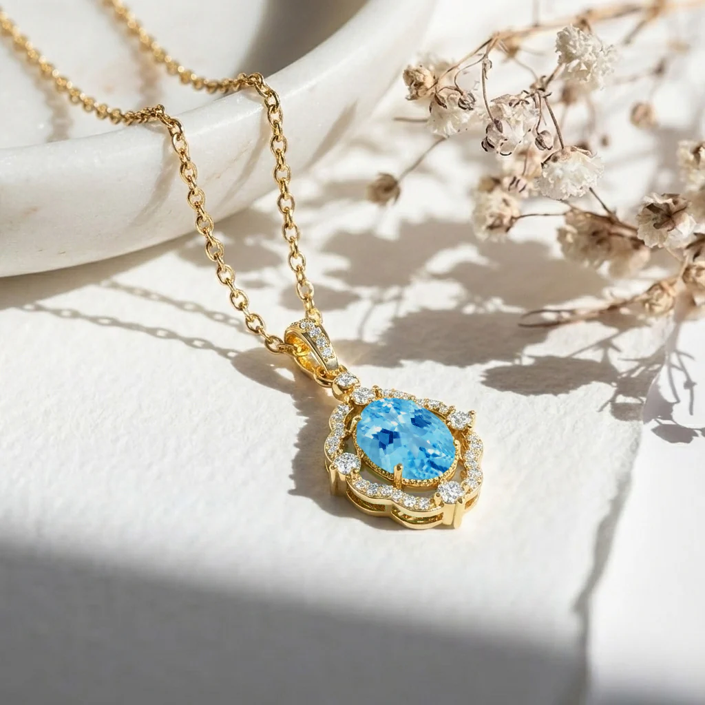 Blue Topaz Oval Halo Pendant Necklace in 925 Sterling Silver 1.2ct - Image 12