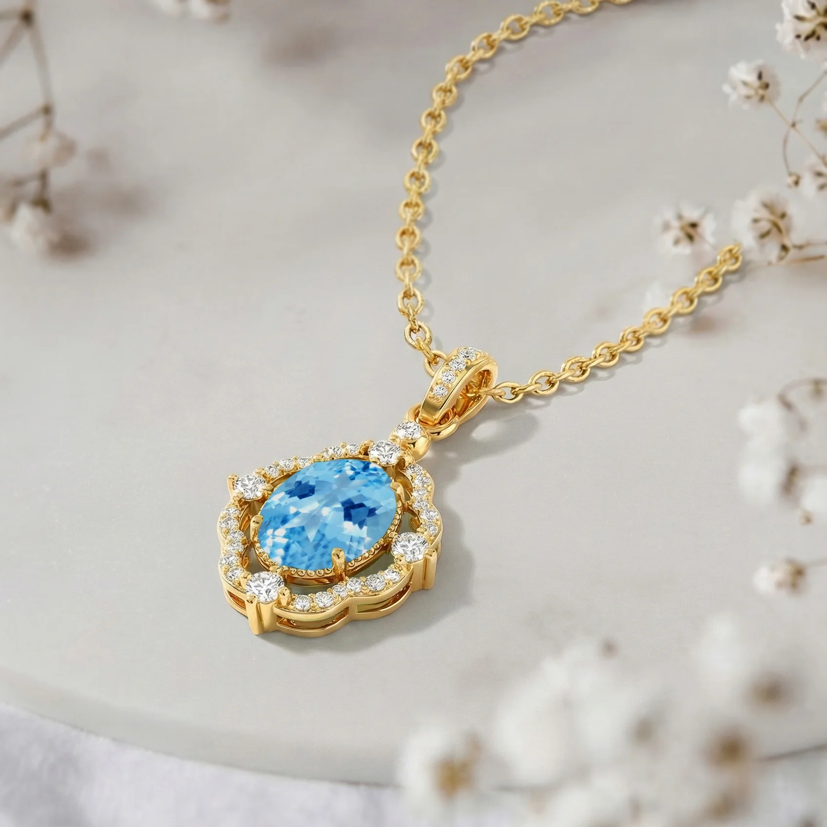 Blue Topaz Oval Halo Pendant Necklace in 925 Sterling Silver 1.2ct - Image 13