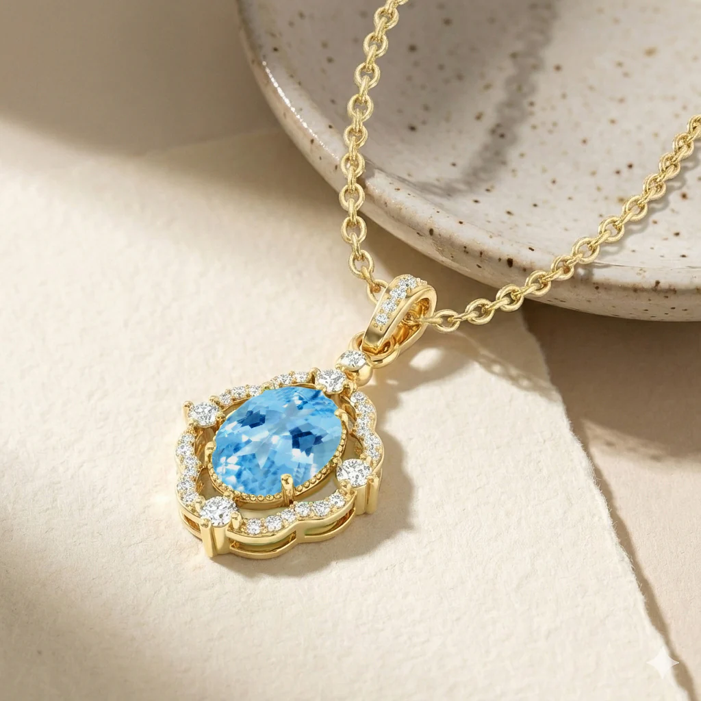 Blue Topaz Oval Halo Pendant Necklace in 925 Sterling Silver 1.2ct - Image 14