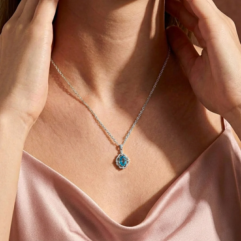 Blue Topaz Oval Halo Pendant Necklace in 925 Sterling Silver 1.2ct - Image 4