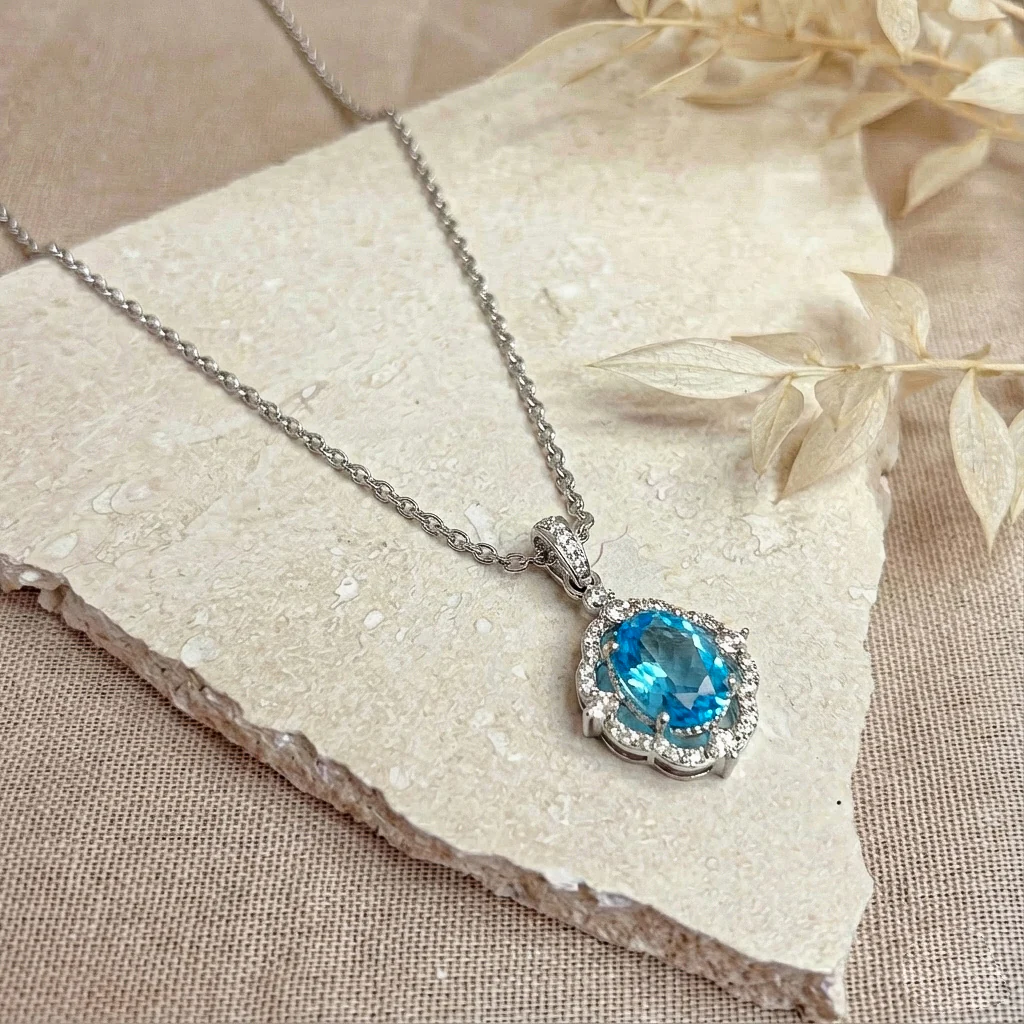 Blue Topaz Oval Halo Pendant Necklace in 925 Sterling Silver 1.2ct - Image 5