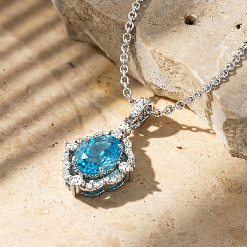 Blue Topaz Oval Halo Pendant Necklace in 925 Sterling Silver 1.2ct - Image 6