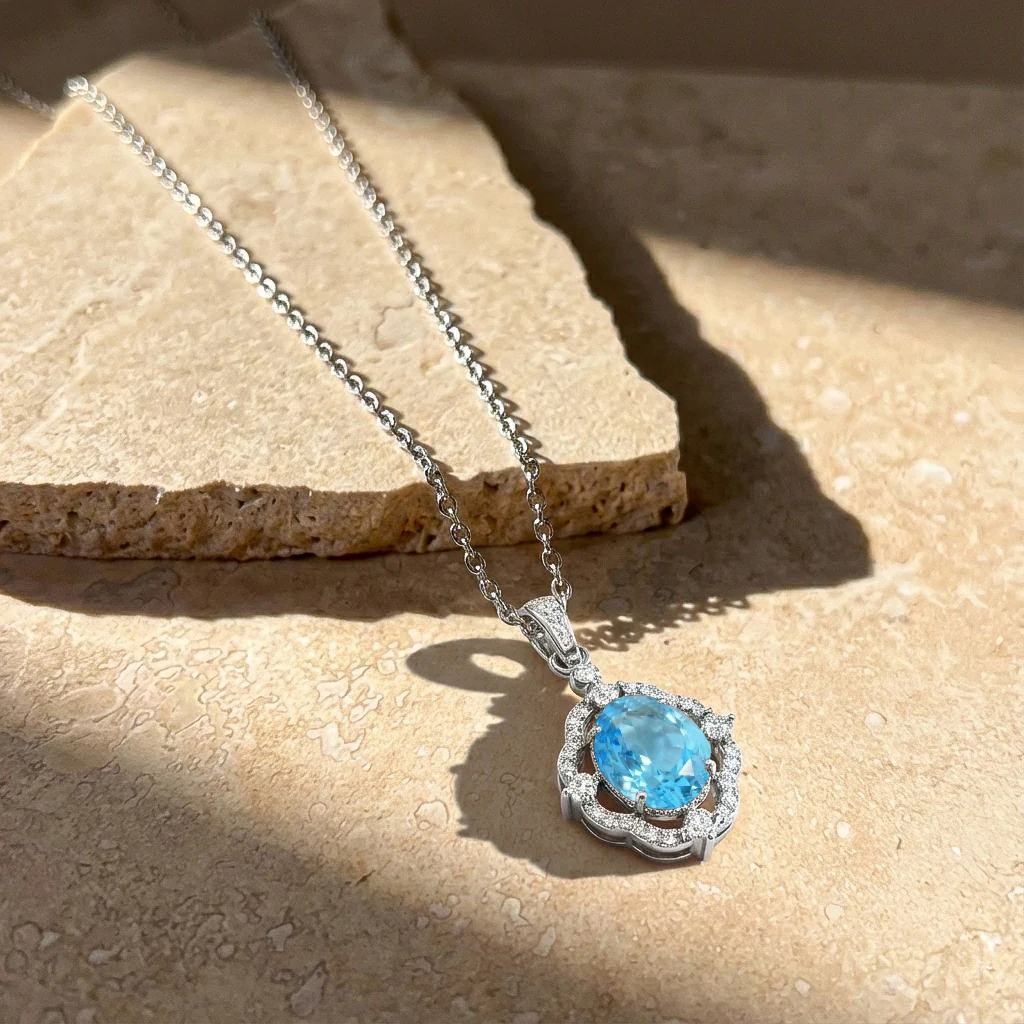 Blue Topaz Oval Halo Pendant Necklace in 925 Sterling Silver 1.2ct - Image 7