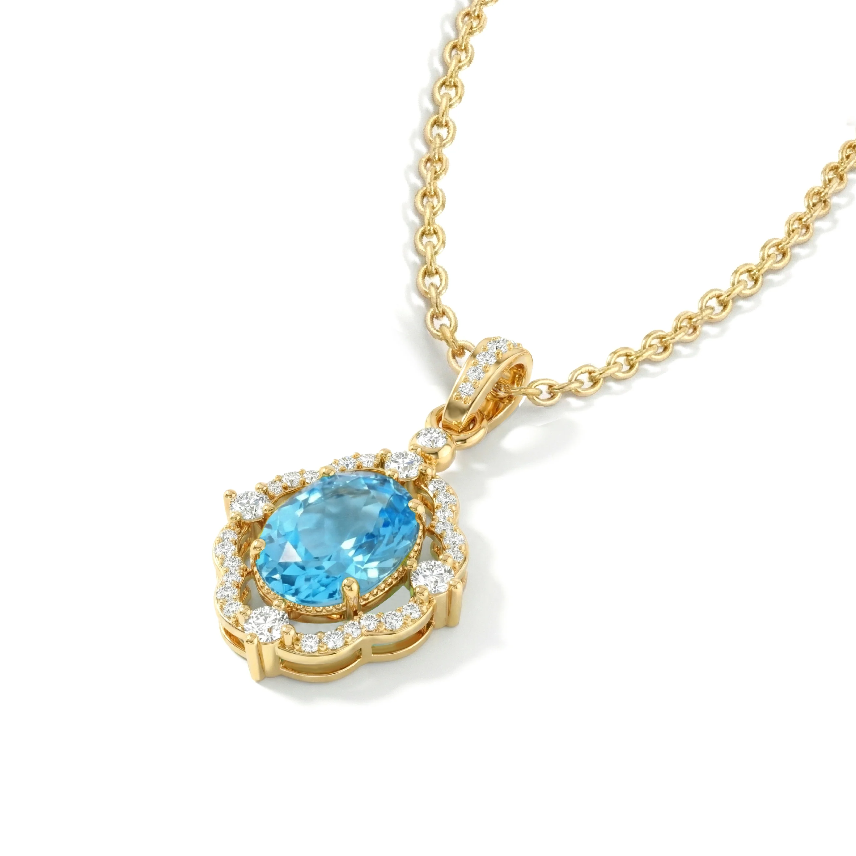 Blue Topaz Oval Halo Pendant Necklace in 925 Sterling Silver 1.2ct - Image 8