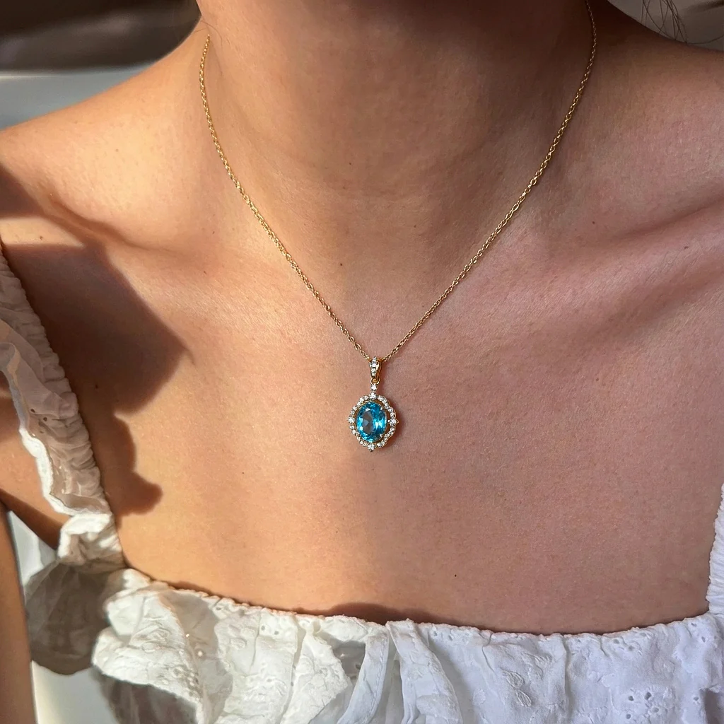 Blue Topaz Oval Halo Pendant Necklace in 925 Sterling Silver 1.2ct - Image 9