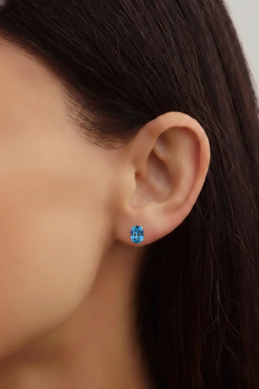 Blue Topaz Oval Solitaire Stud Earrings in  925 Sterling Silver 5.35ct - Image 11