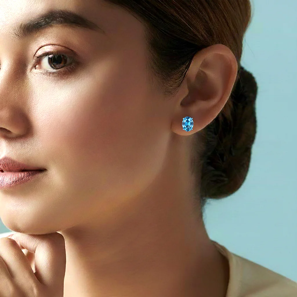 Blue Topaz Oval Solitaire Stud Earrings in  925 Sterling Silver 5.35ct - Image 14
