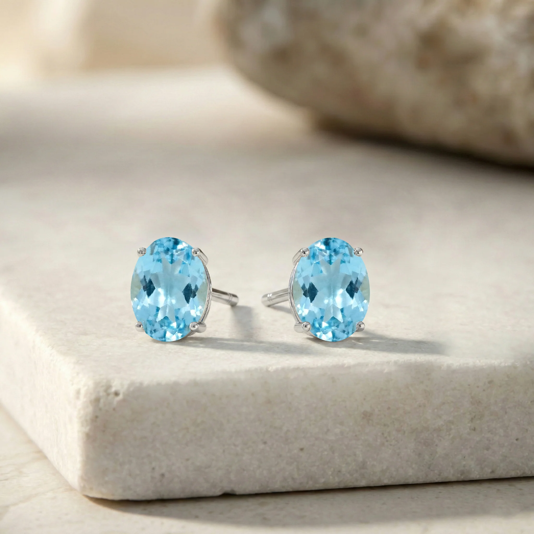 Blue Topaz Oval Solitaire Stud Earrings in  925 Sterling Silver 5.35ct - Image 3