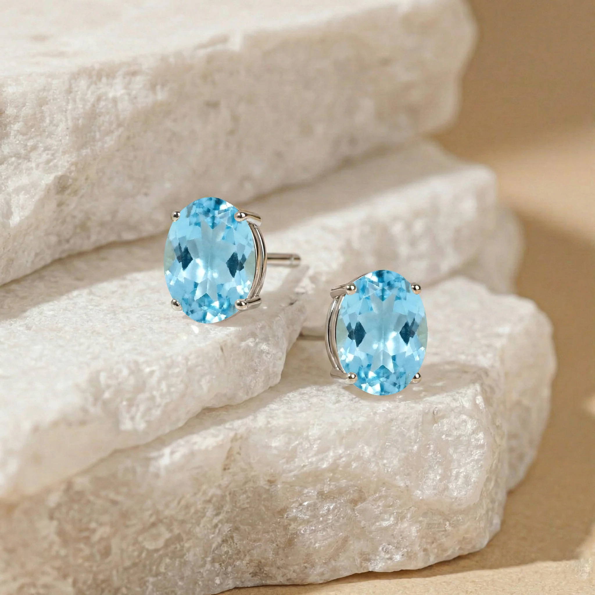 Blue Topaz Oval Solitaire Stud Earrings in  925 Sterling Silver 5.35ct - Image 4