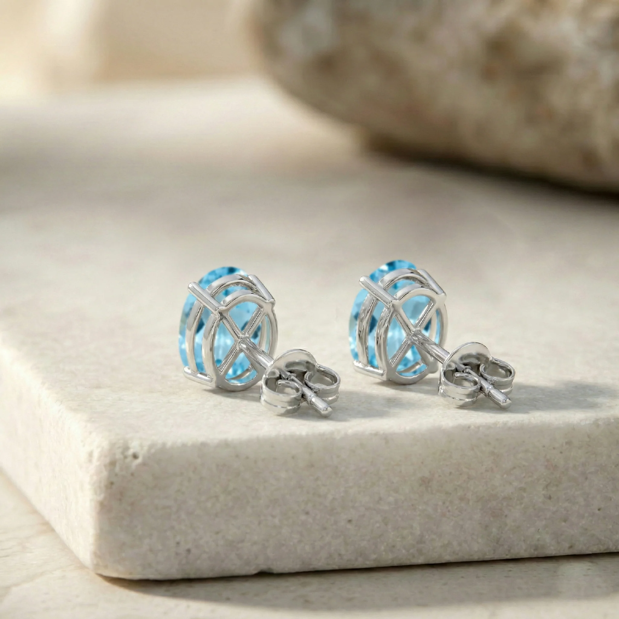 Blue Topaz Oval Solitaire Stud Earrings in  925 Sterling Silver 5.35ct - Image 6