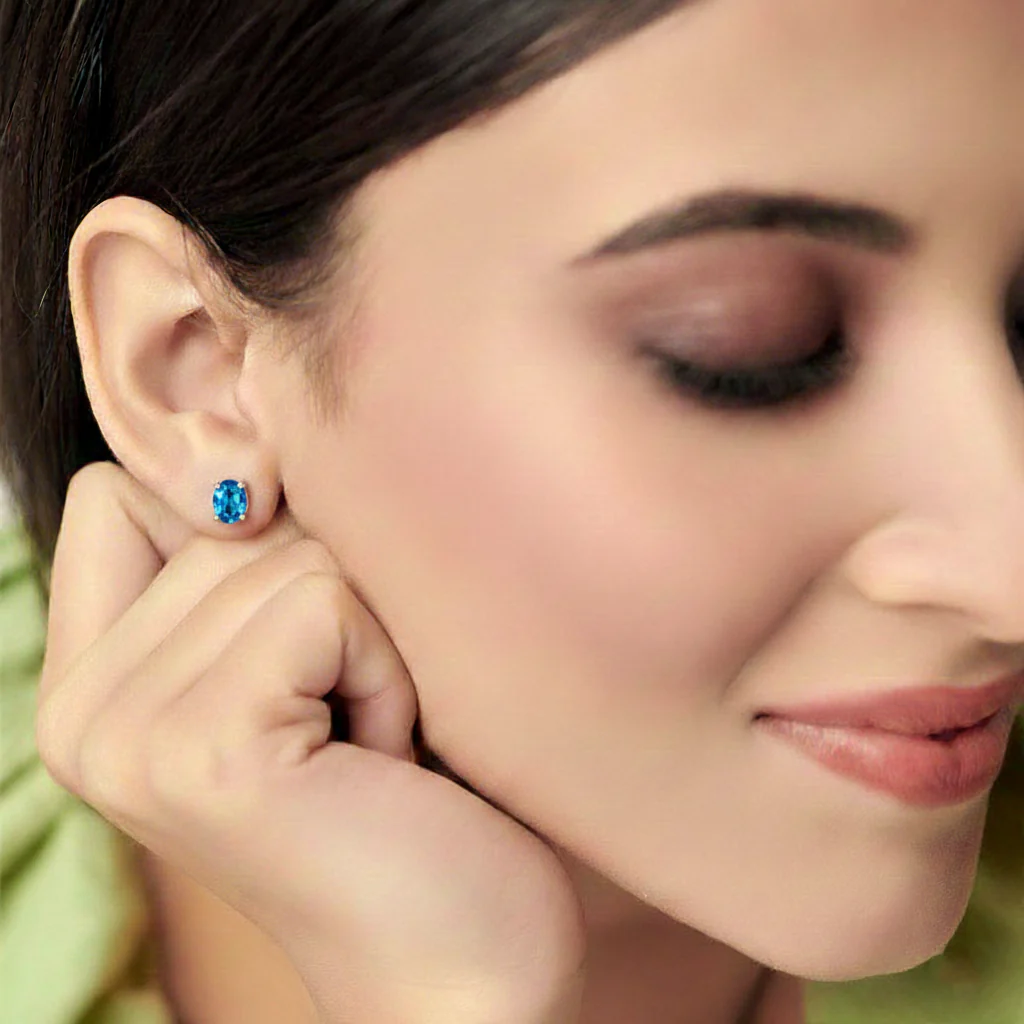 Blue Topaz Oval Solitaire Stud Earrings in  925 Sterling Silver 5.35ct - Image 9