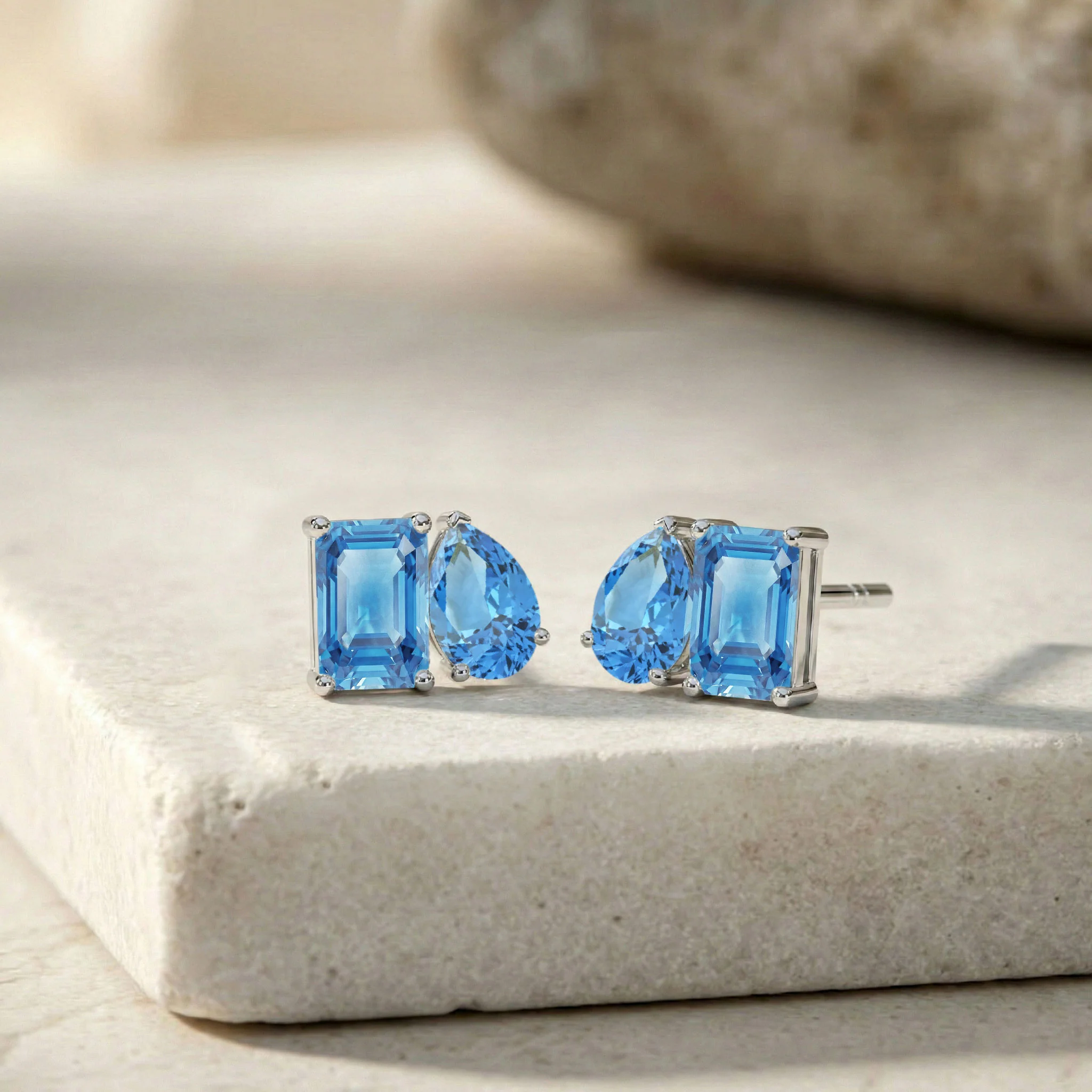 Blue Topaz Pear and Octagon Stud Earrings in 925 Sterling Silver 6*4MM 2ct - Image 7