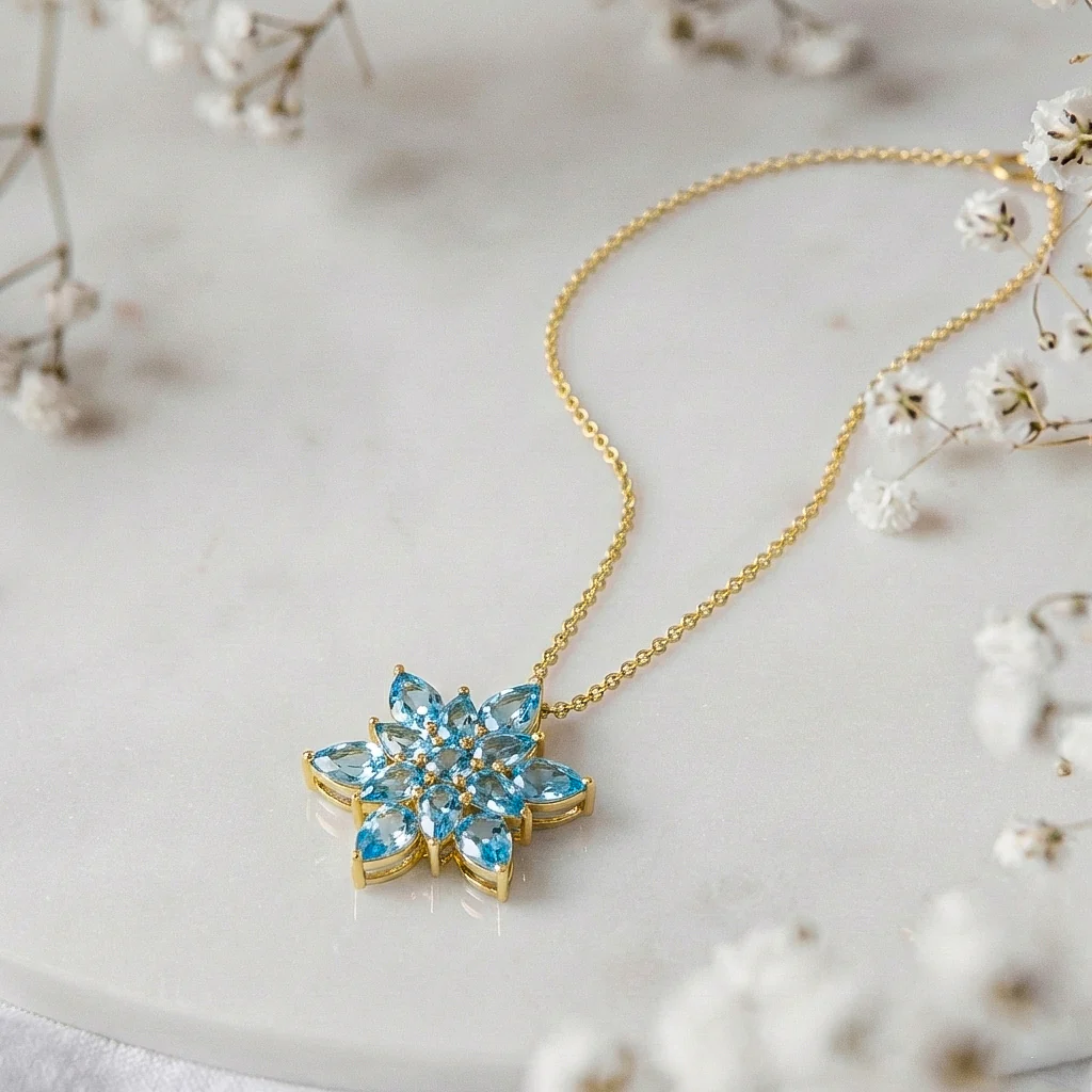 Blue Topaz Pear Floral Pendant Necklace in 925 Sterling Silver 5.70ct - Image 10