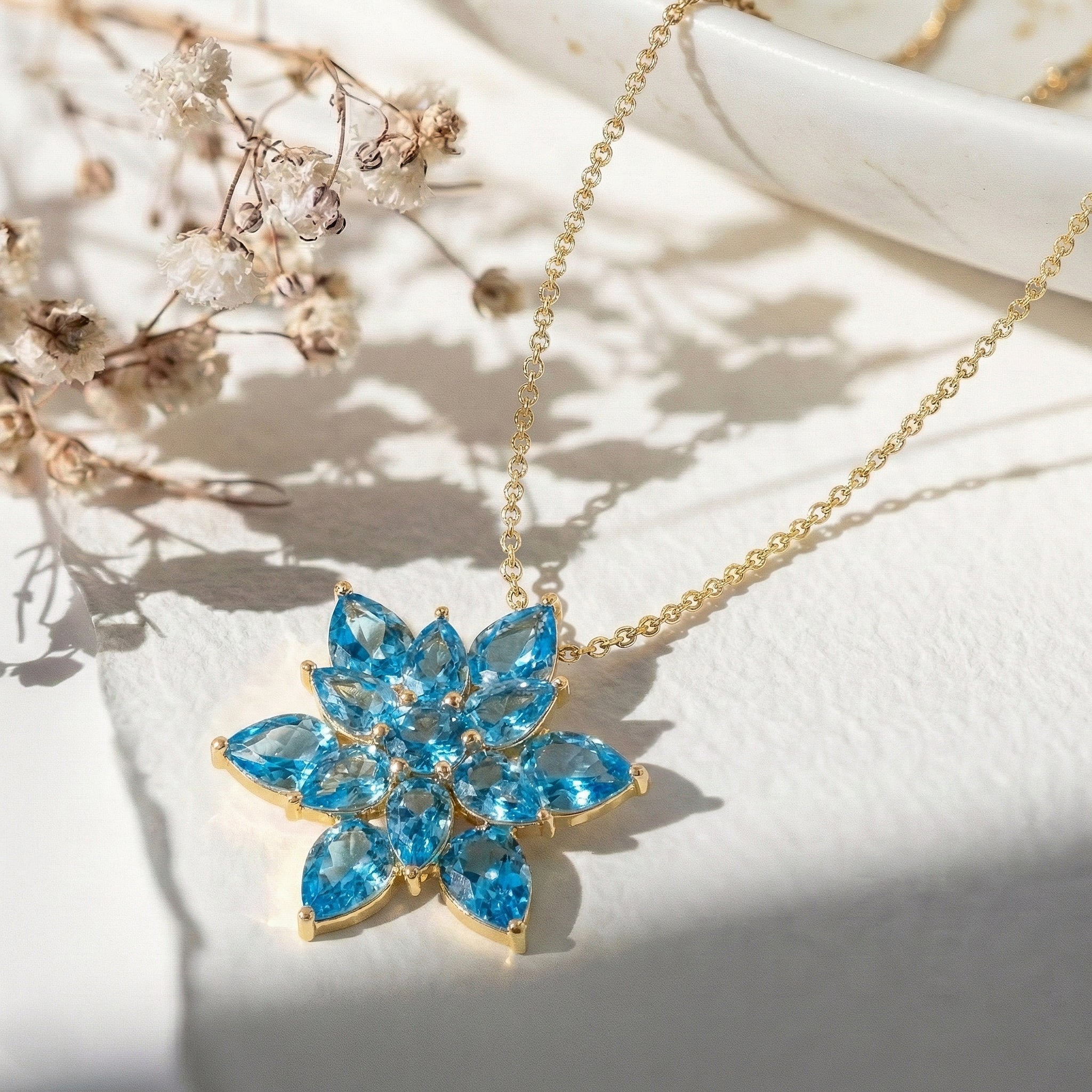 Blue Topaz Pear Floral Pendant Necklace in 925 Sterling Silver 5.70ct - Image 11