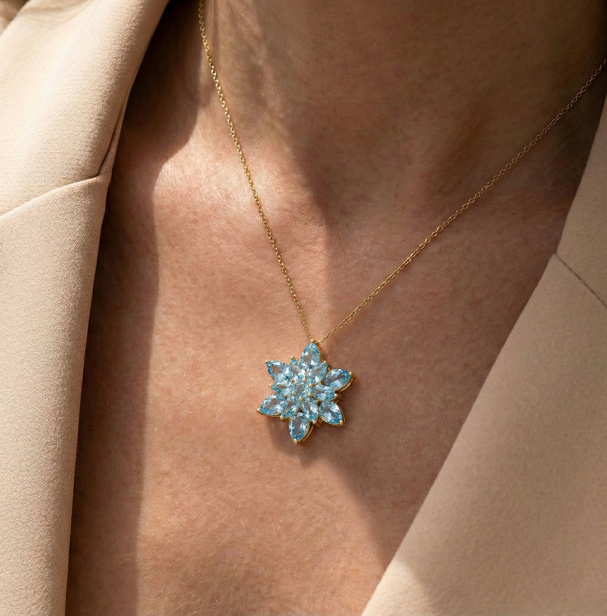 Blue Topaz Pear Floral Pendant Necklace in 925 Sterling Silver 5.70ct - Image 13